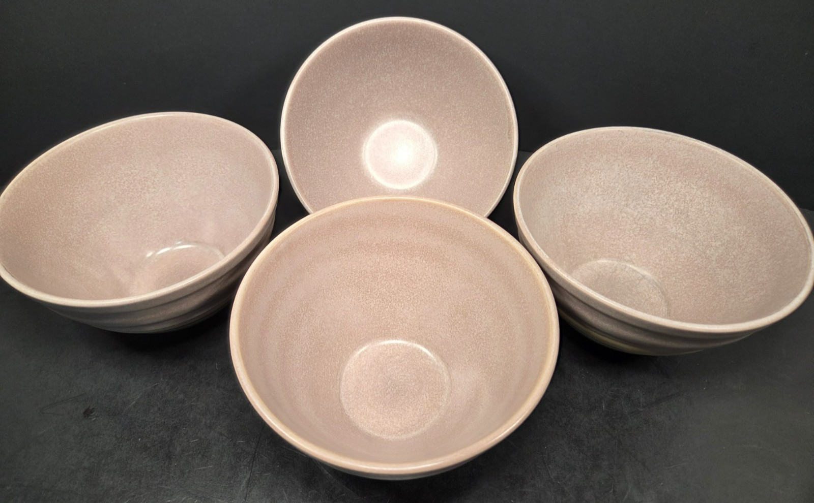 Baum Brothers HARPER Cereal Soup Bowls Mist Tan Blue Speckled Grey Band Set 4