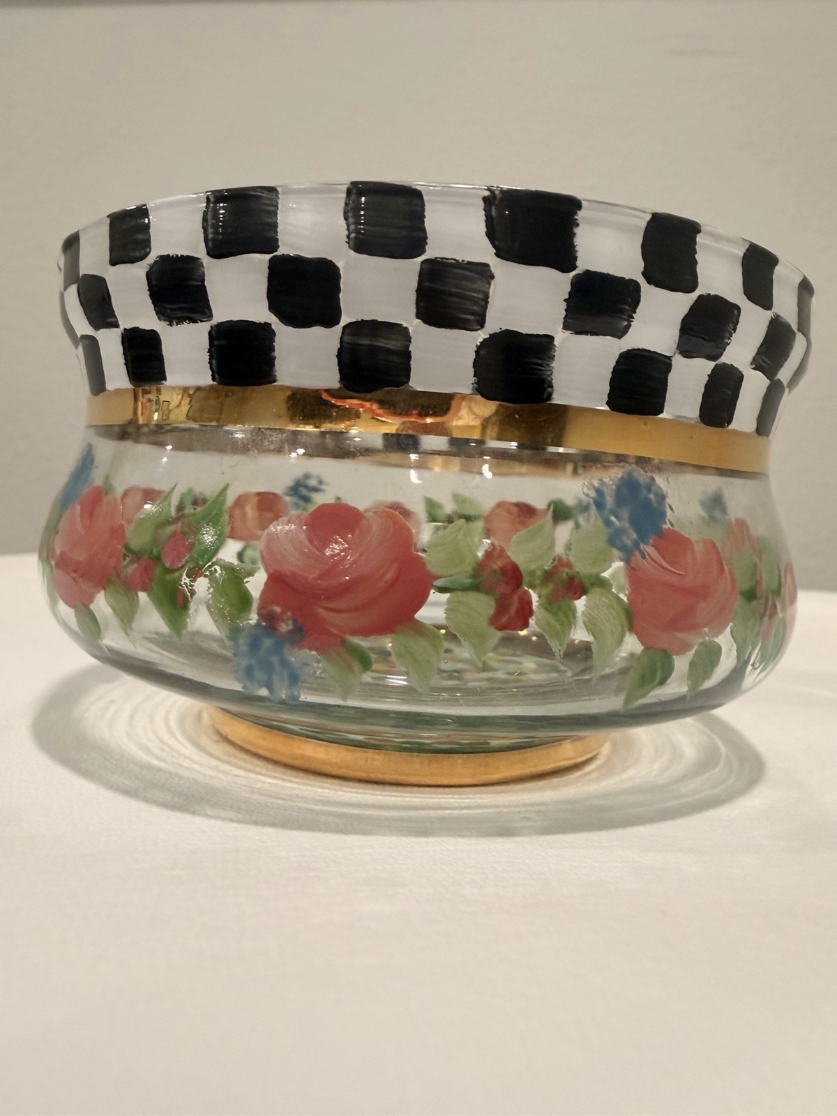 MacKenzie-Childs 1983 Courtly Check Circus Rose Hand Painted Floral Glass Bowl