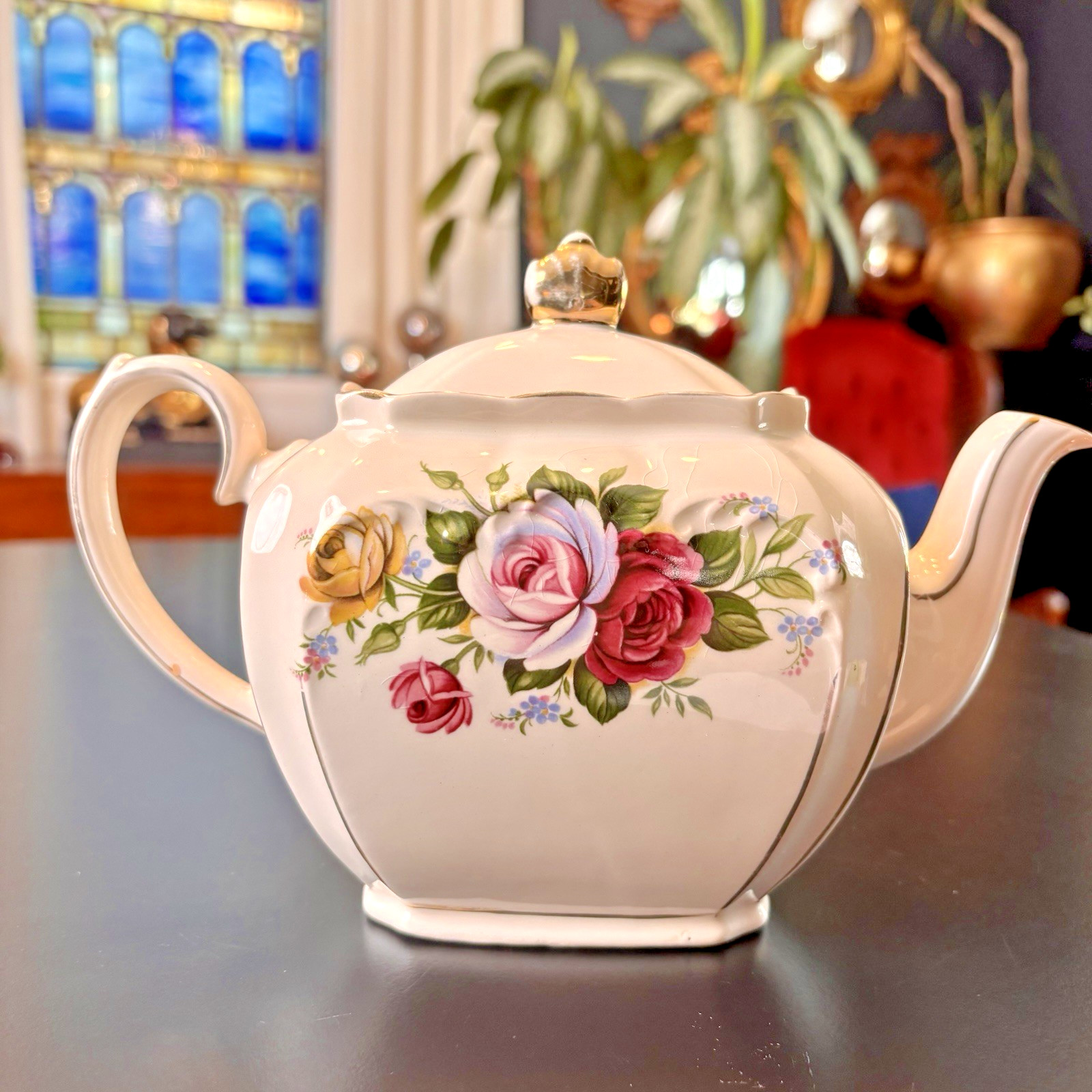 Vintage Sadler England Cube Ceramic Teapot Cabbage Rose Pattern Gold Trim
