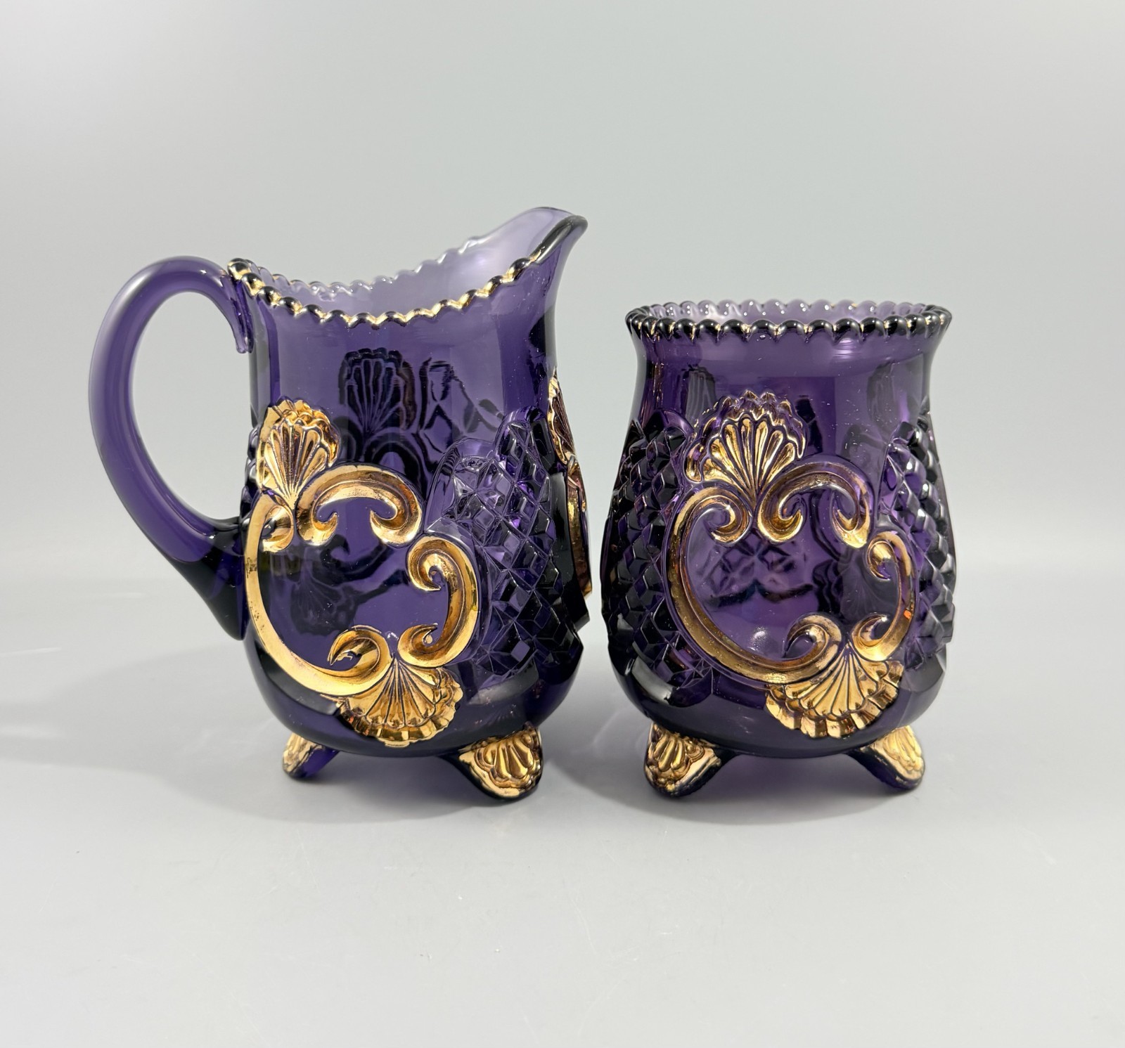 EAPG Riverside Amethyst Glass Croesus Butter Dish Creamer Sugar Bowl Set of 4