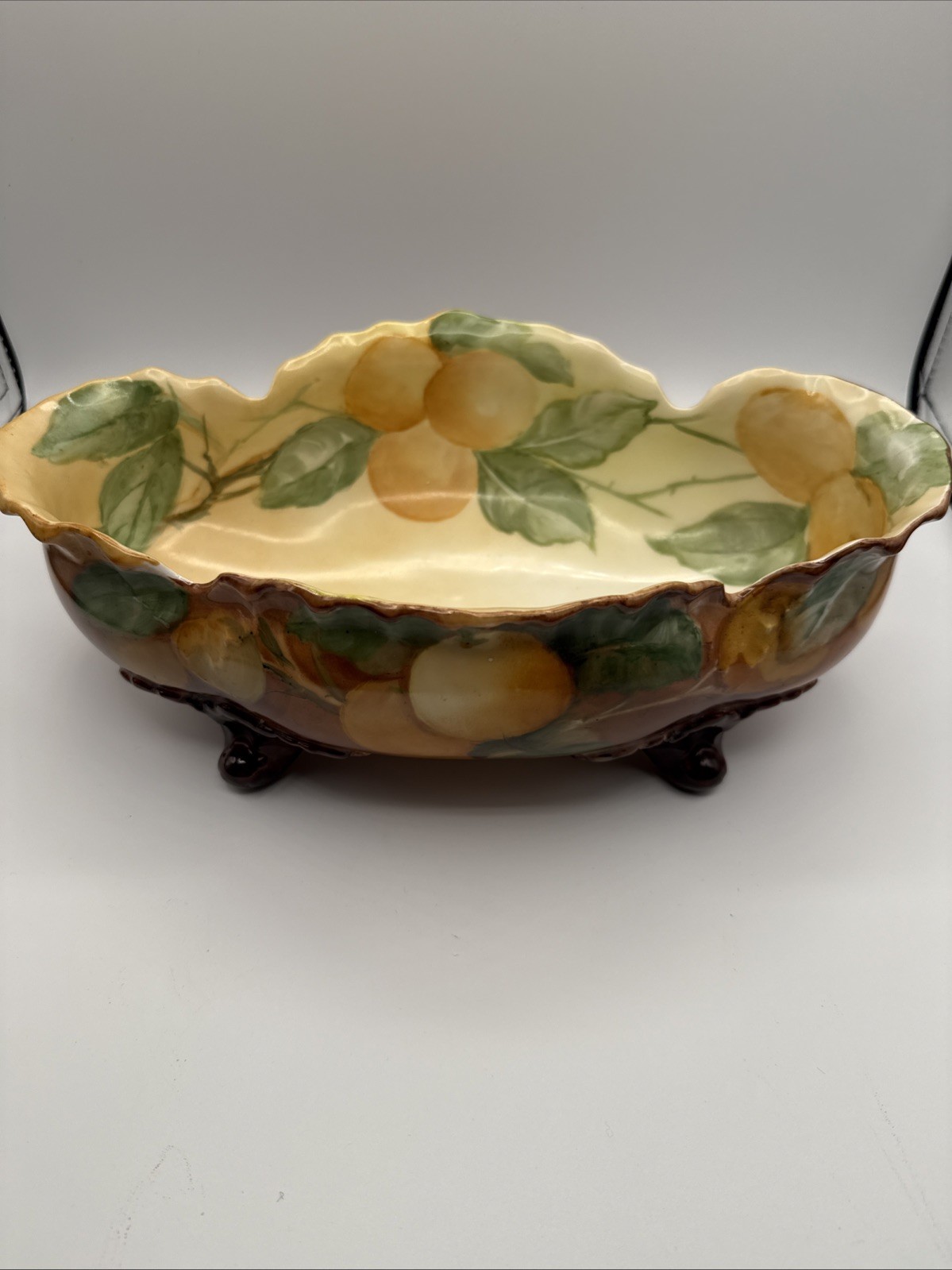 VTG Majolica painted ceramic footed centerpiece bowl with vibrant fruit and Leaf