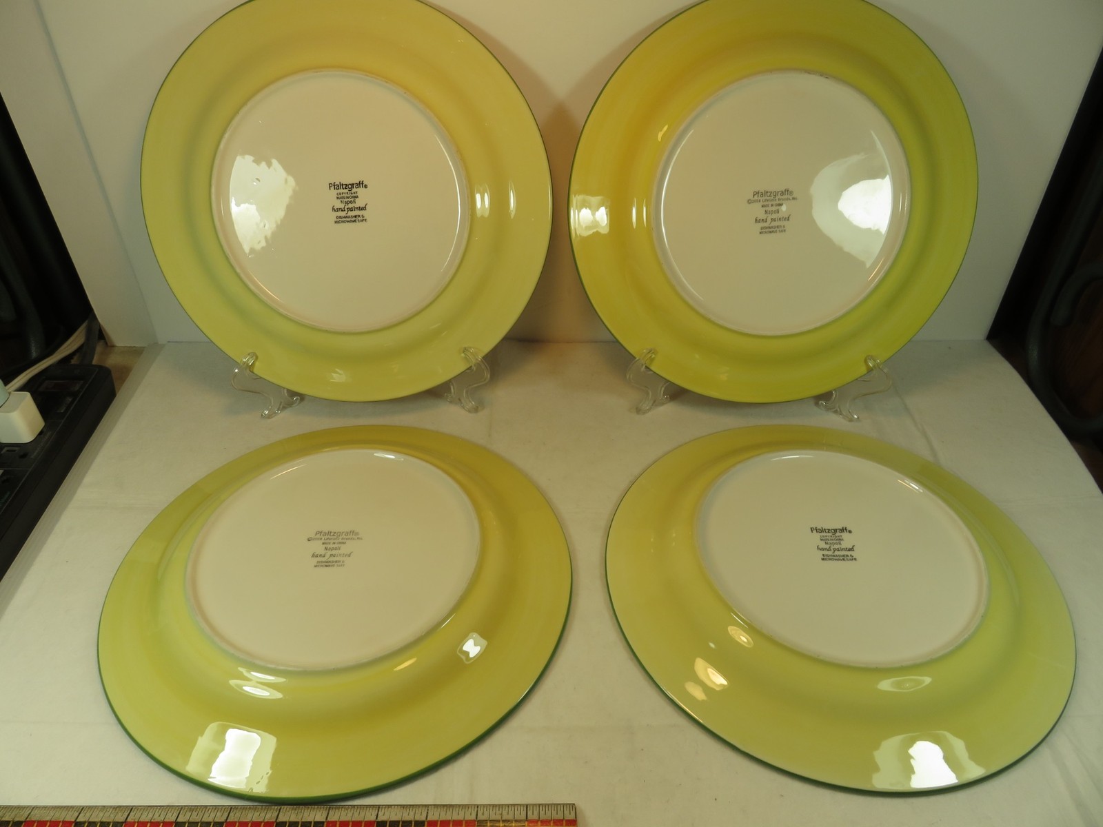 4 Pfaltzgraff Napoli Dinner Plates 11 3/4 inches Orange Border Yellow Center EUC