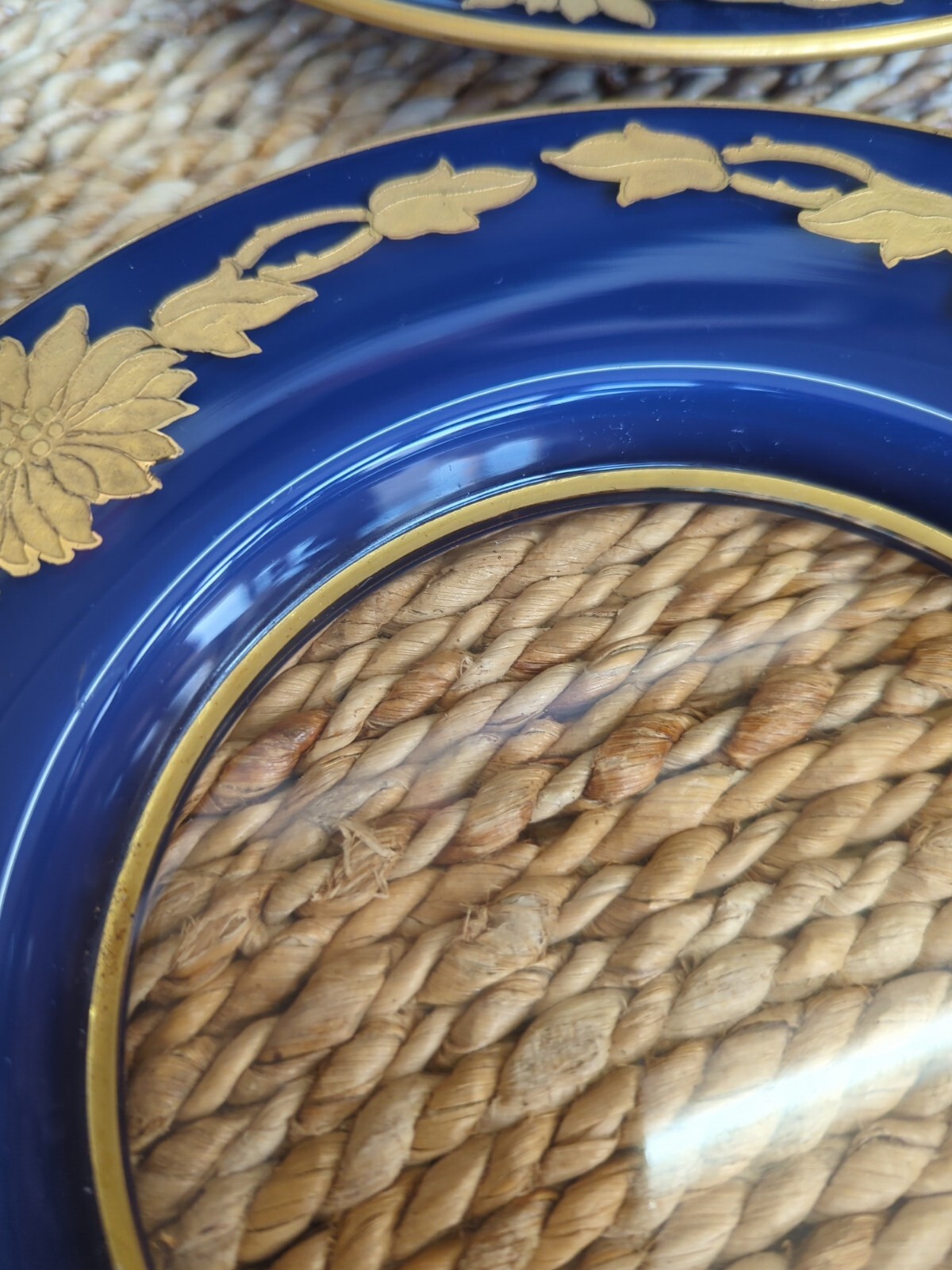 Antique Bohemian Gold Gilt Enameled Colbalt Cased Glass Plates Set 5 Hand Paint