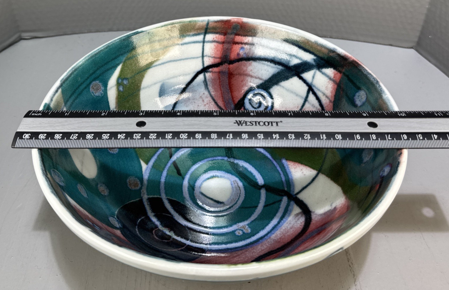 Studio Art Pottery Abstract Design Colorful Blue Green Red Artisan Signed 10″