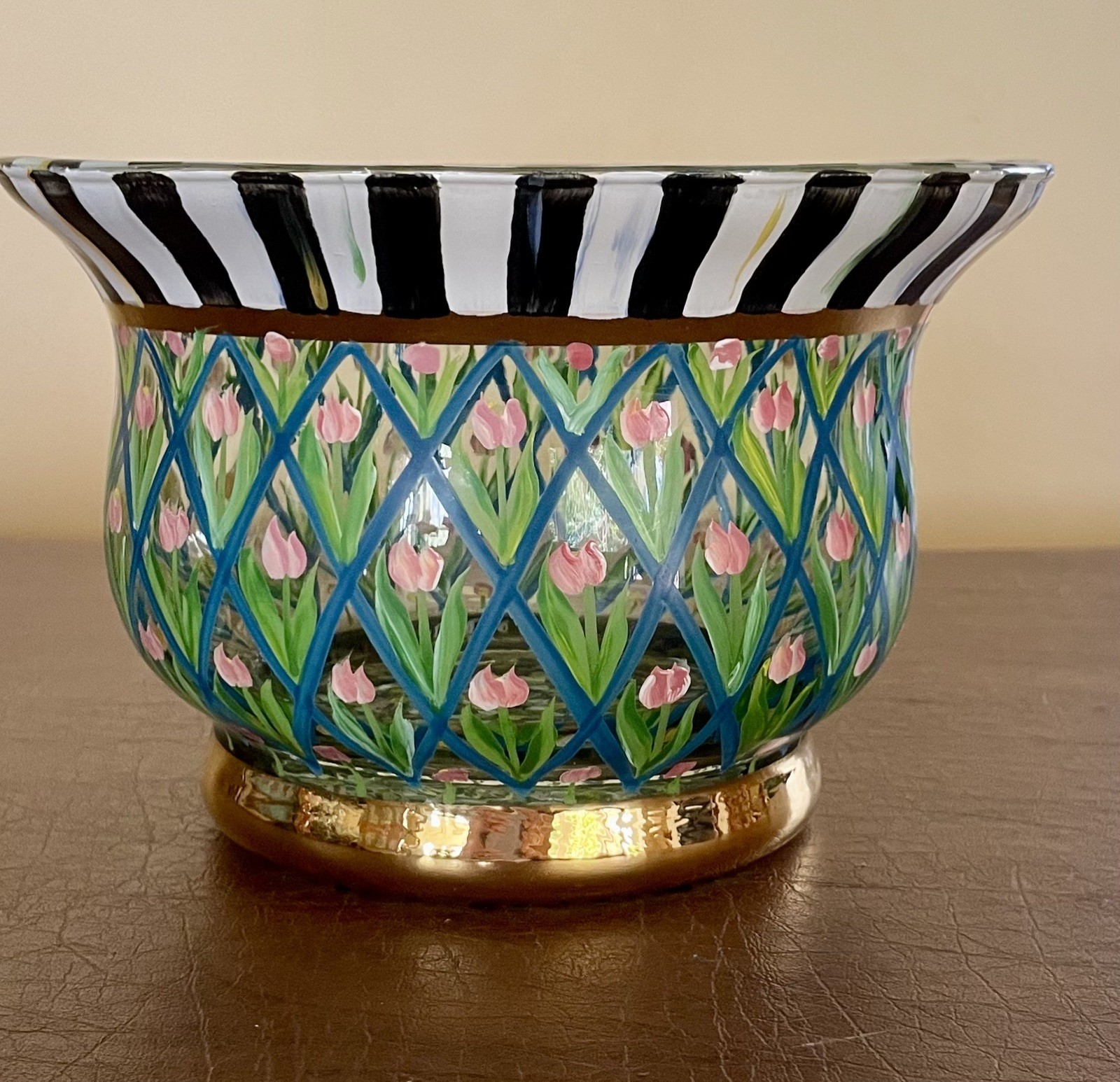 Vintage MacKenzie Childs “Circus” Tulip Shape Hand Painted 8” Glass Bowl 1983
