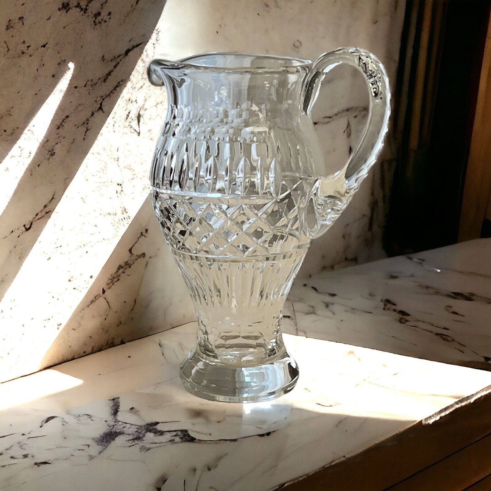 Crystal Pitcher 40 oz Footed Decorative 9 1/2″ Tall Applied Handle Unbranded