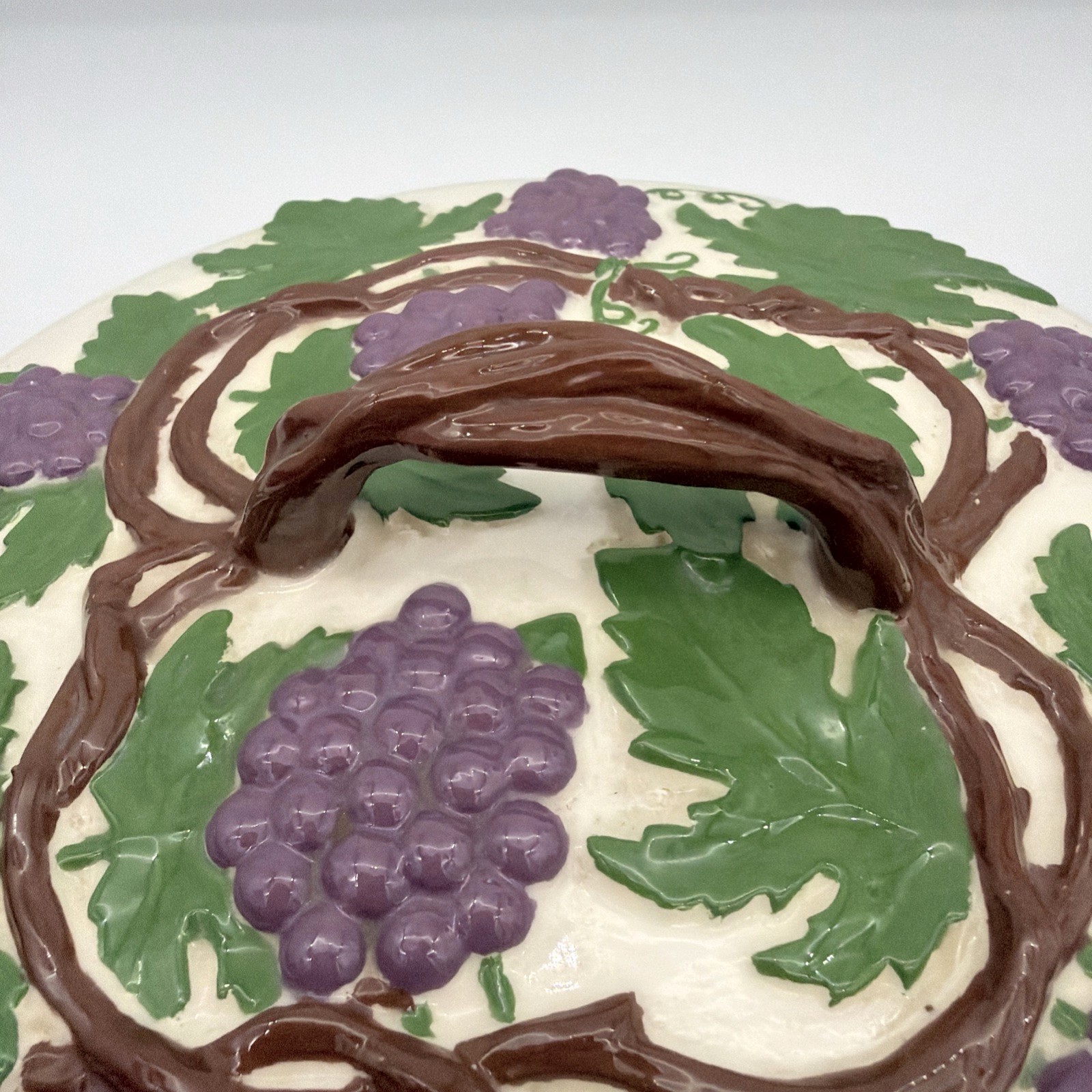 Ann Hall 1970 Vintage Ceramic Covered Dish Grape Motif Fruit Pattern