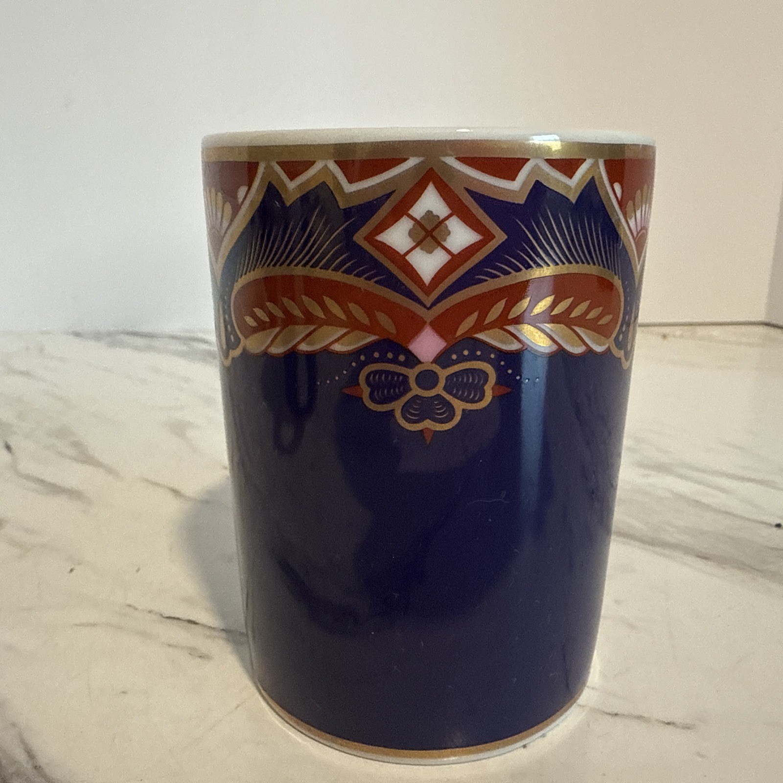 Neiman Marcus Coffee Cup Exclusive Porcelain Blue Rust Pink & Gold Trim Tea Mug
