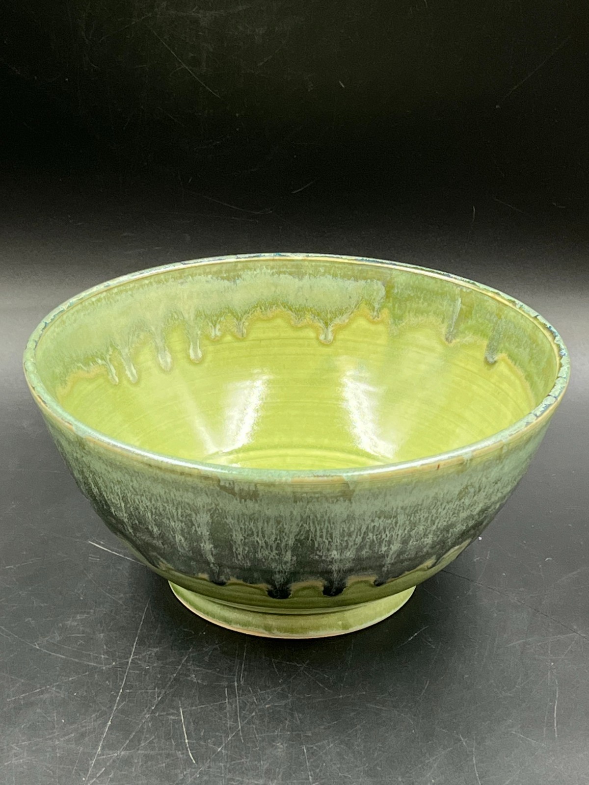 Green Drip Glazed Studio Pottery Pedestal Bowl Commemorating Four Seasons 50th