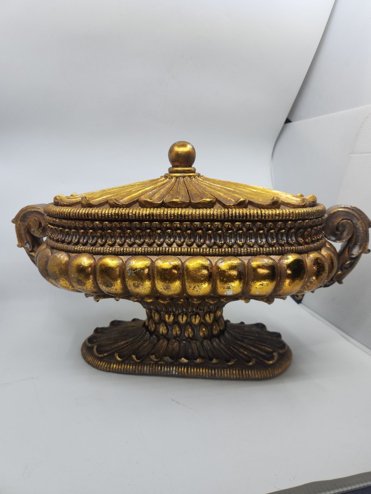 Large Hollywood Regency Gold Covered Tureen Urn Centerpiece Pedestal Bowl 21″