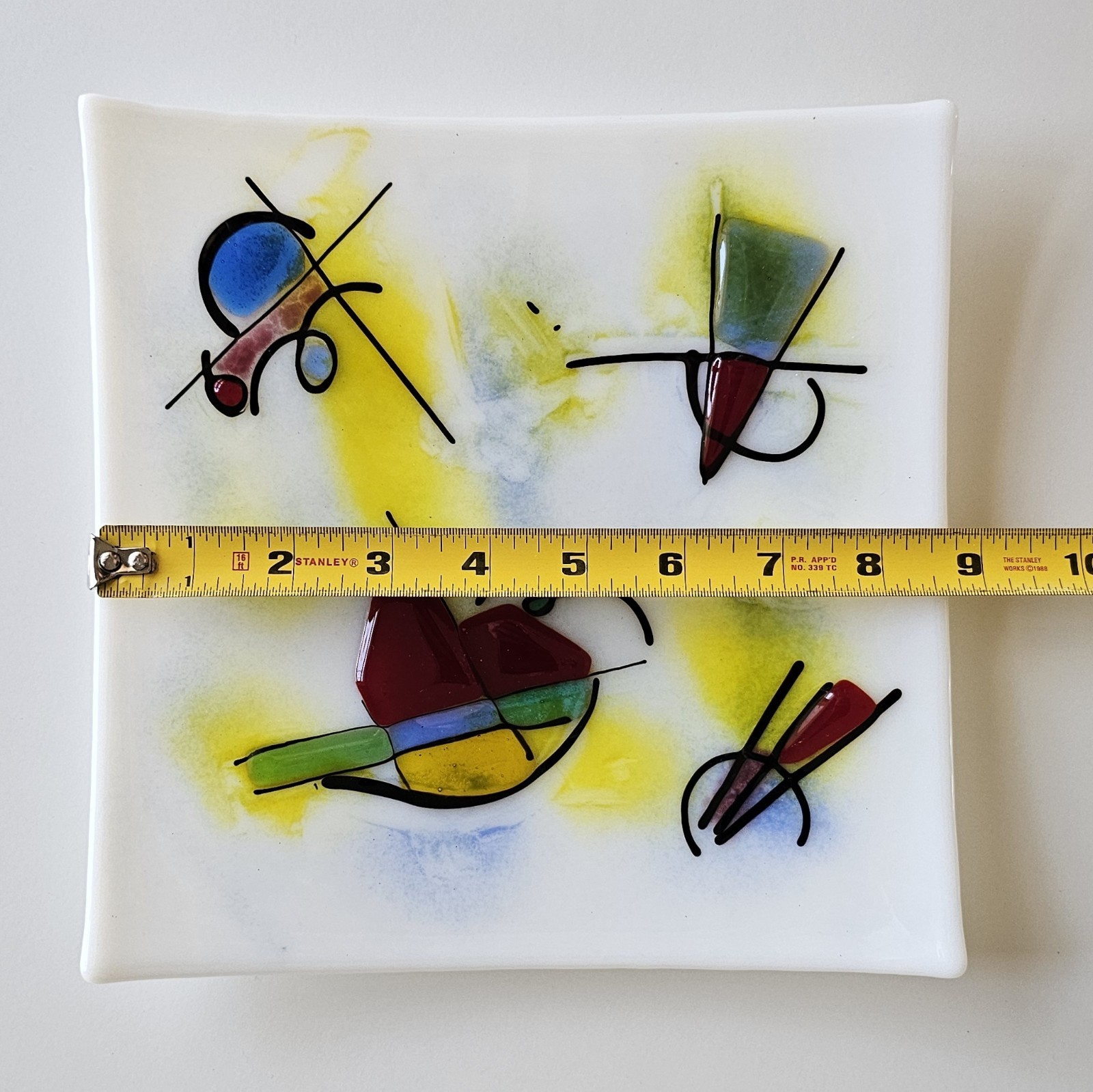Vintage Fused Glass Abstract Art Plate – Kandinsky Style – MCM 9″ Square White