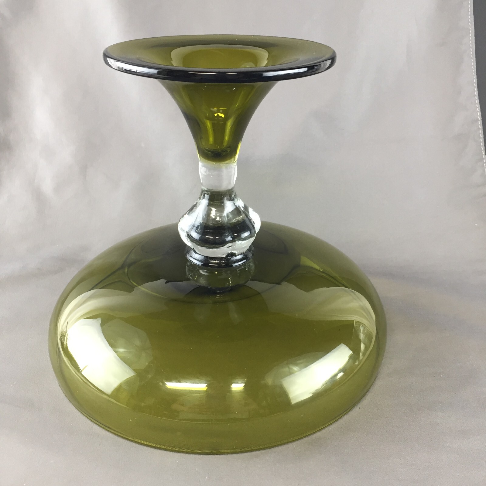 VTG Olive Green Footed Round Glass Compote Clear Stem 8 3/4″ Bowl, 7 1/2″ Tall