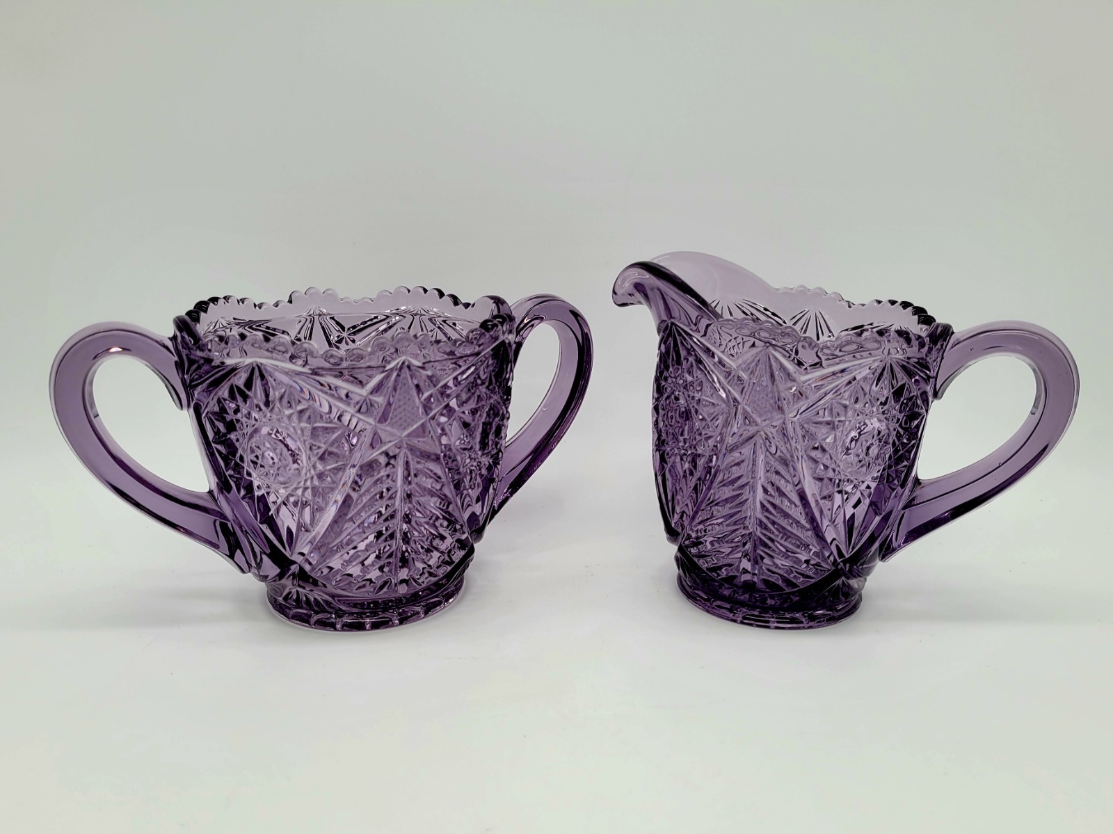 LE Smith Valtec Tree Star Purple Amethyst Glass Sugar Creamer Set MCM Indiana