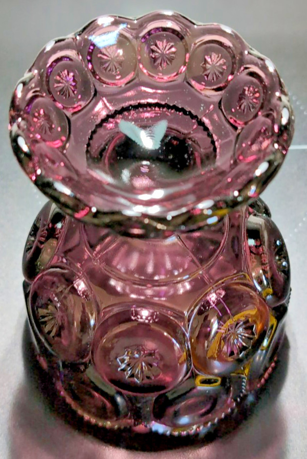 Vintage LE Smith Amethyst Glass Moon & Stars Lidded Compote/Candy Dish 8″
