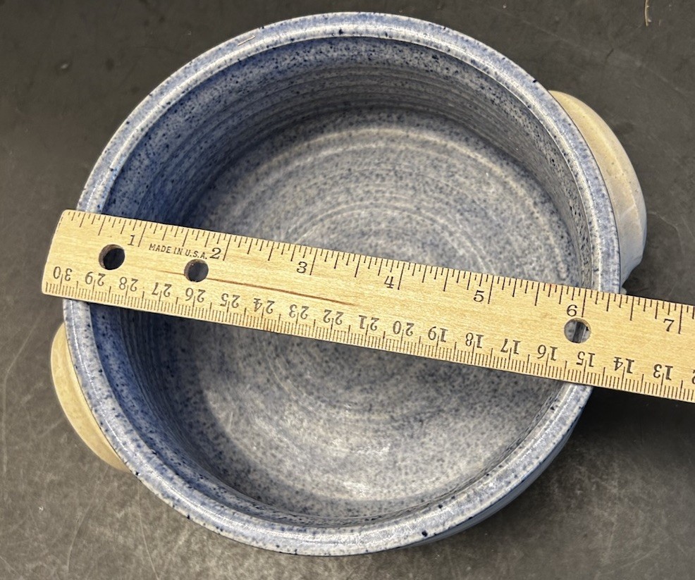 Vtg Signed Studio Pottery Dish W/Handles Blue & Tan Gray 6.25” X 3” Tulip Design