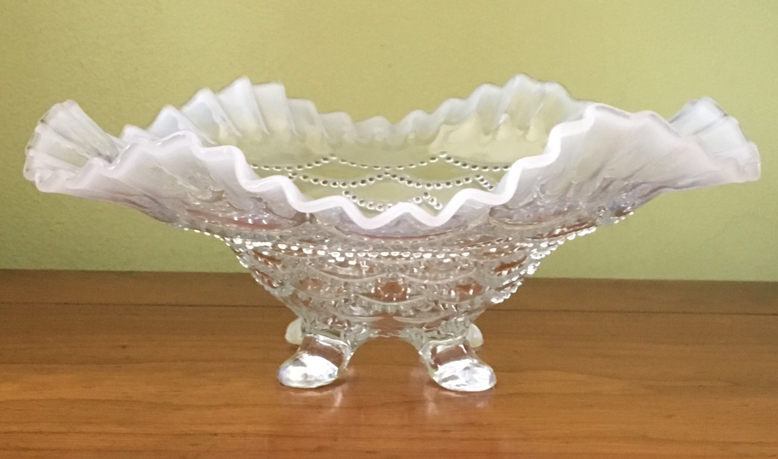 NORTHWOOD Opalescent Glass BEADED DRAPES Footed Bowl FISH SCALE 1905