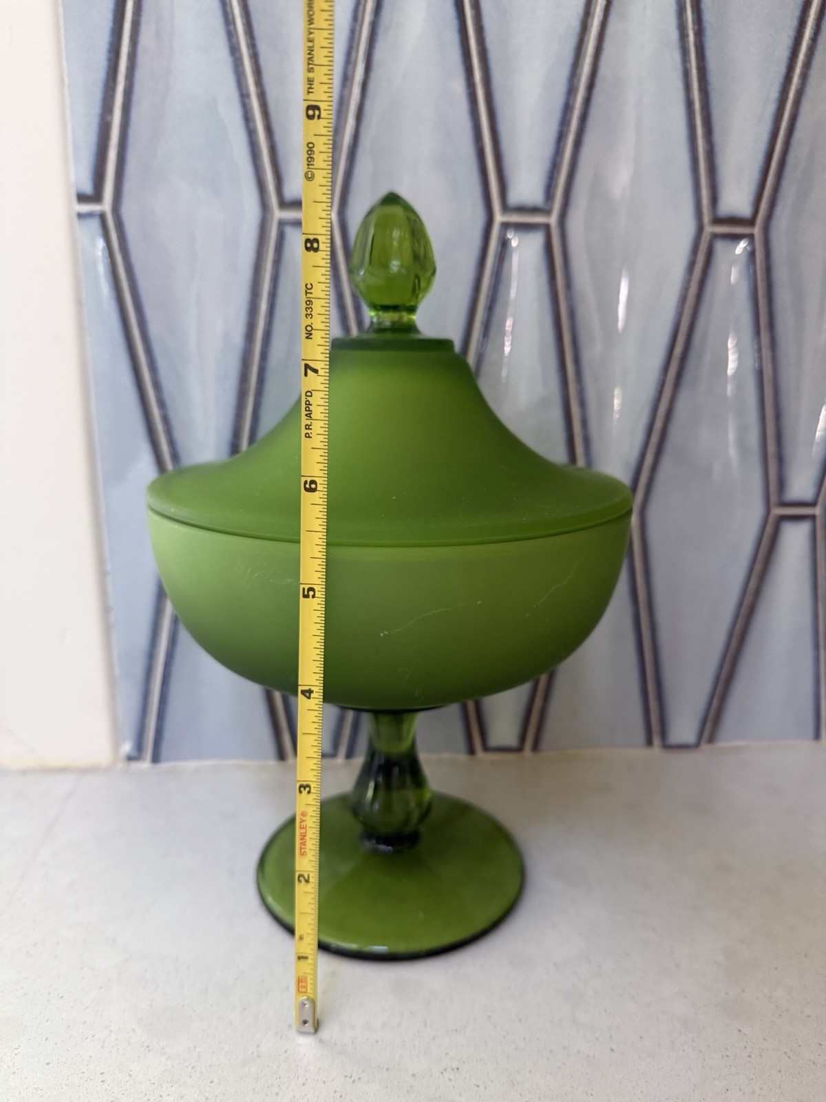 Westmoreland Olive Green Satin Glass Covered Candy Dish Pedestal Compote