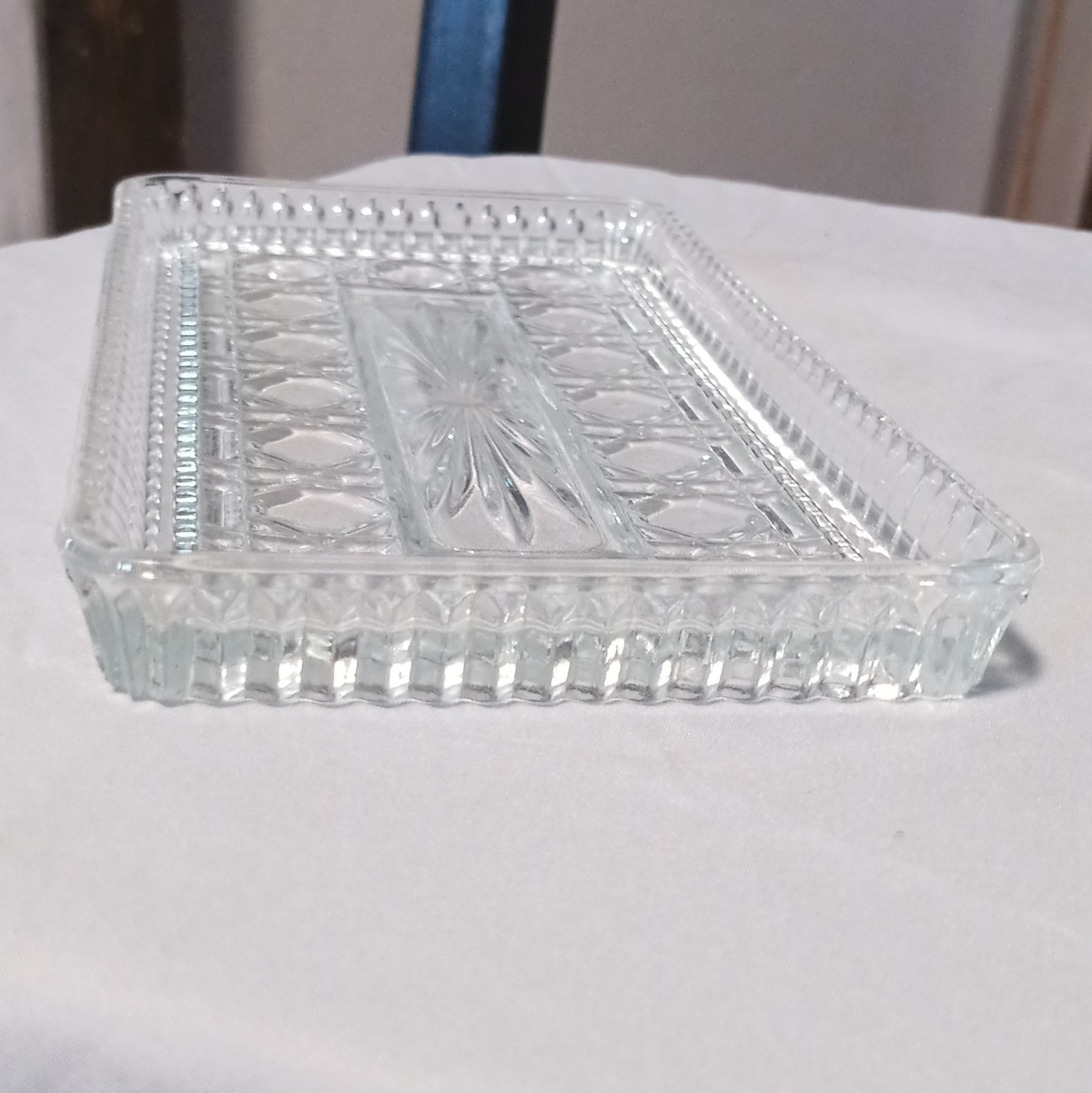 Clear Pressed Glass Rectangular Tray, Diamond & Starburst Pattern Decorative