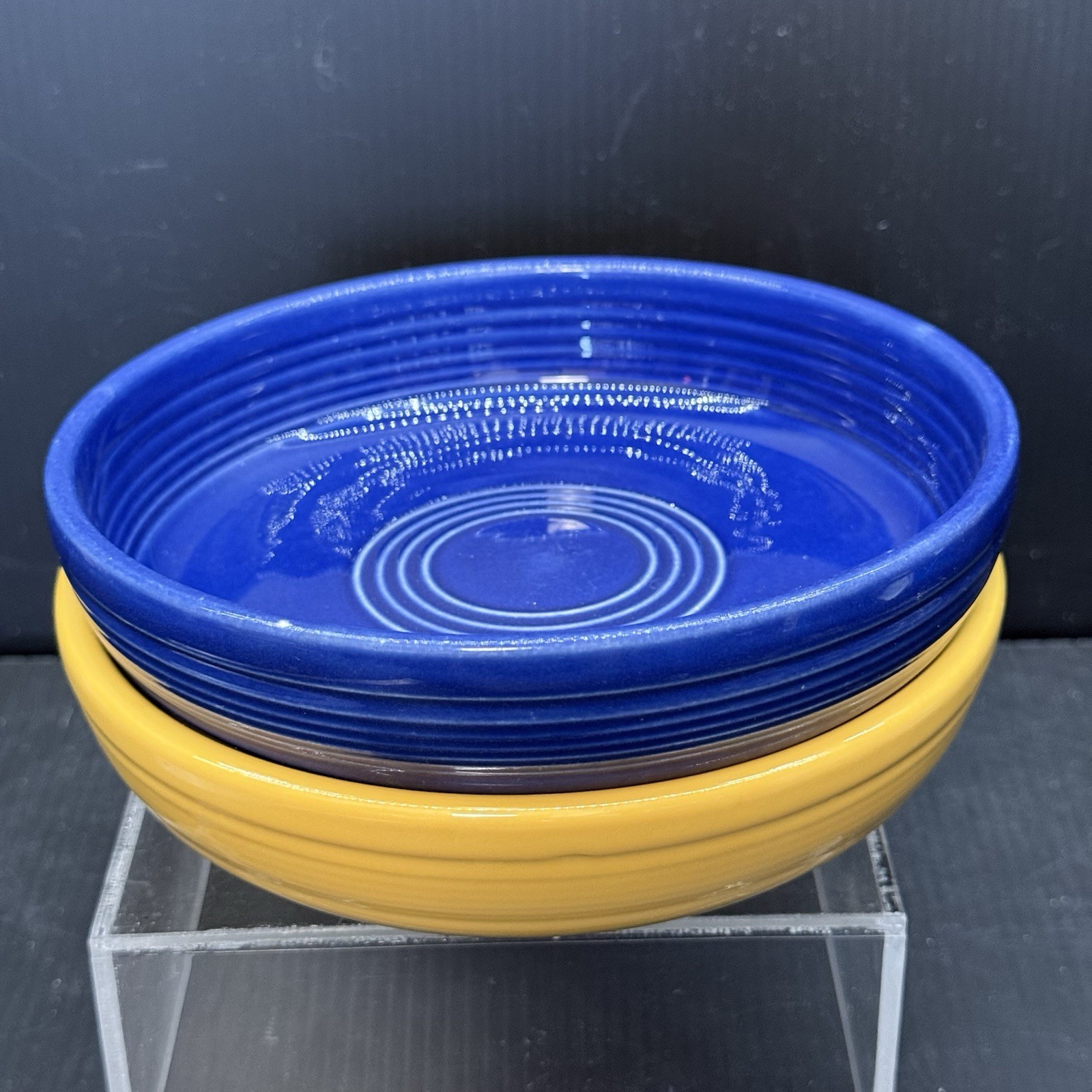 Vintage Fiesta Dessert Bowls Original Cobalt Blue & Yellow Wet Foot HLC 6 1/4”