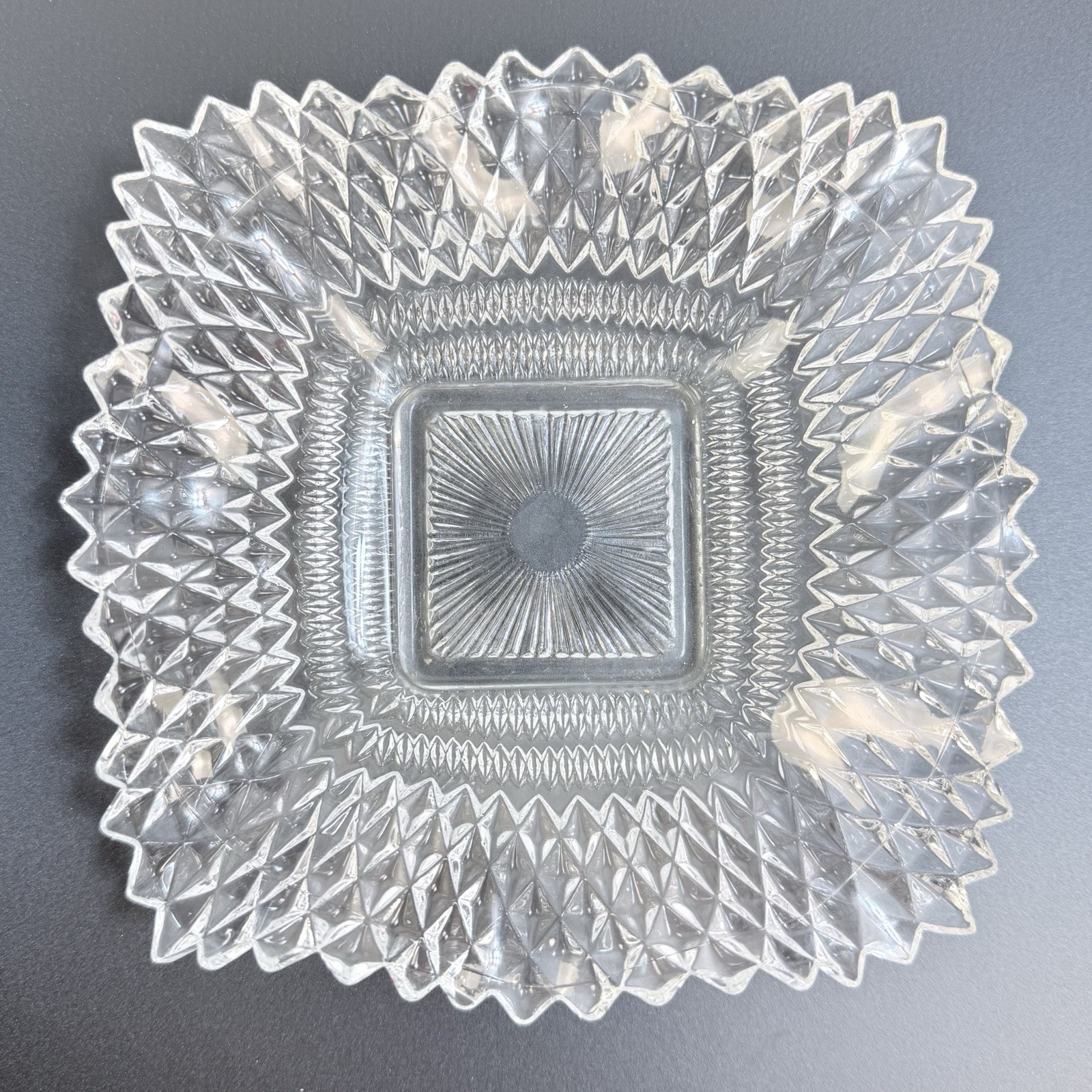 Vintage Indiana Glass Co Diamond Cut Design Square Dish Ashtray Ruffled Edges 7″