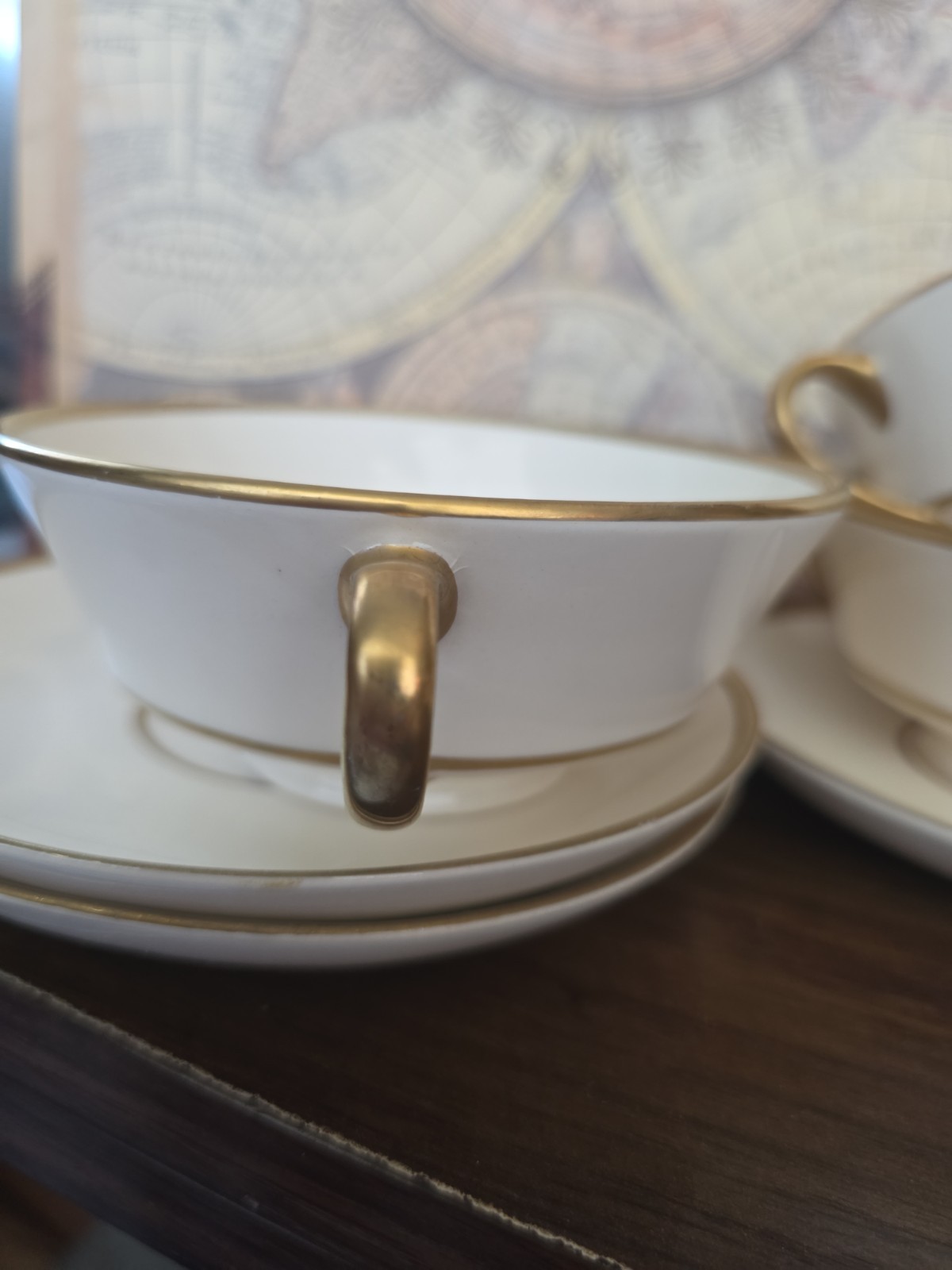 Vintage Gold and cream 4) Cream Soup Bowls, 5 in (4) Cream Soup Saucers, 6in