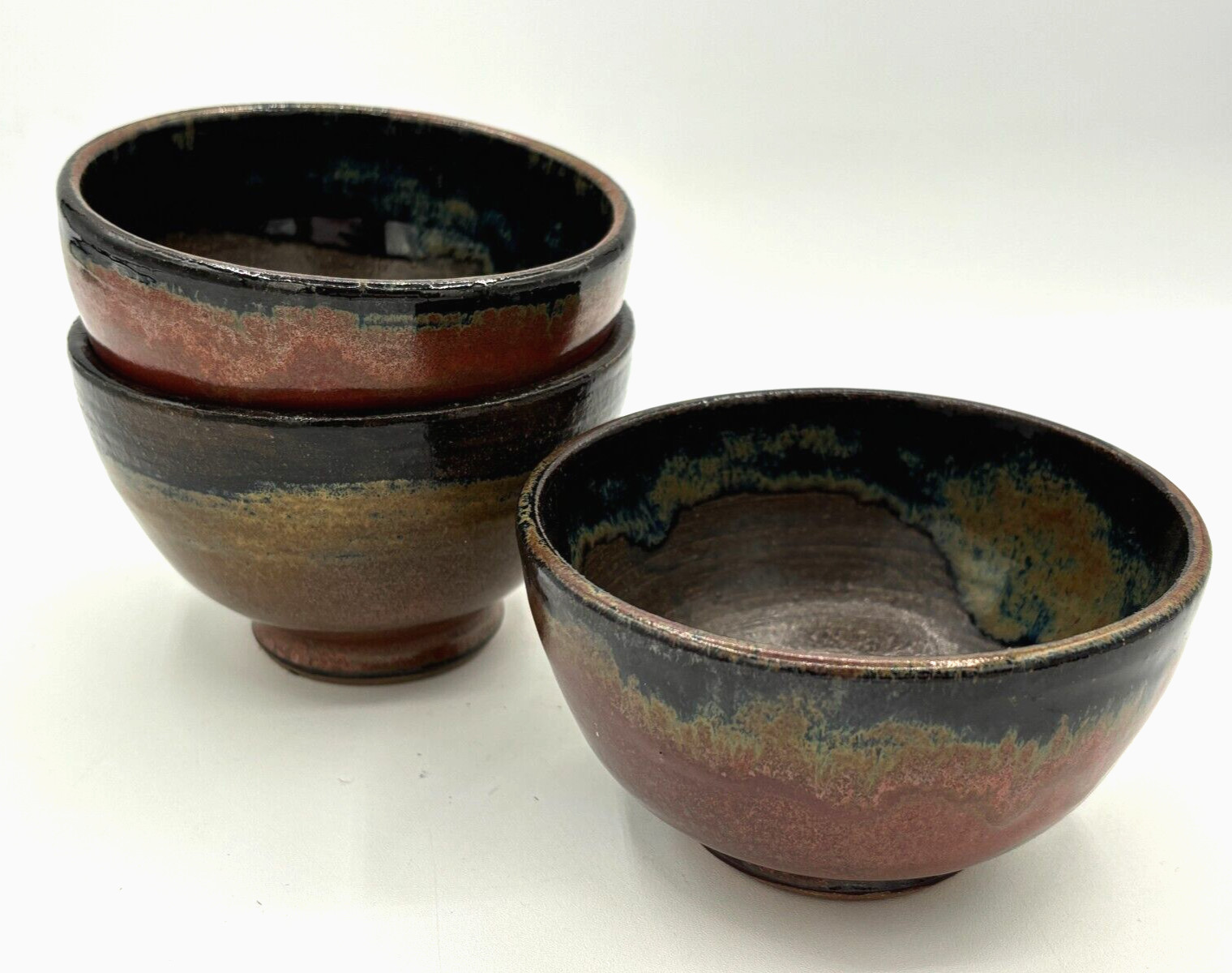 Stoneware Snack Bowls Firewood Kiln Glaze Set of 3 Wheel Thrown Studio Art