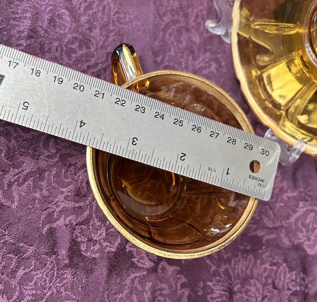 Depression Glass Diamond Glass VICTORY Design Amber Gold Trim Cup & Saucer 3 Set