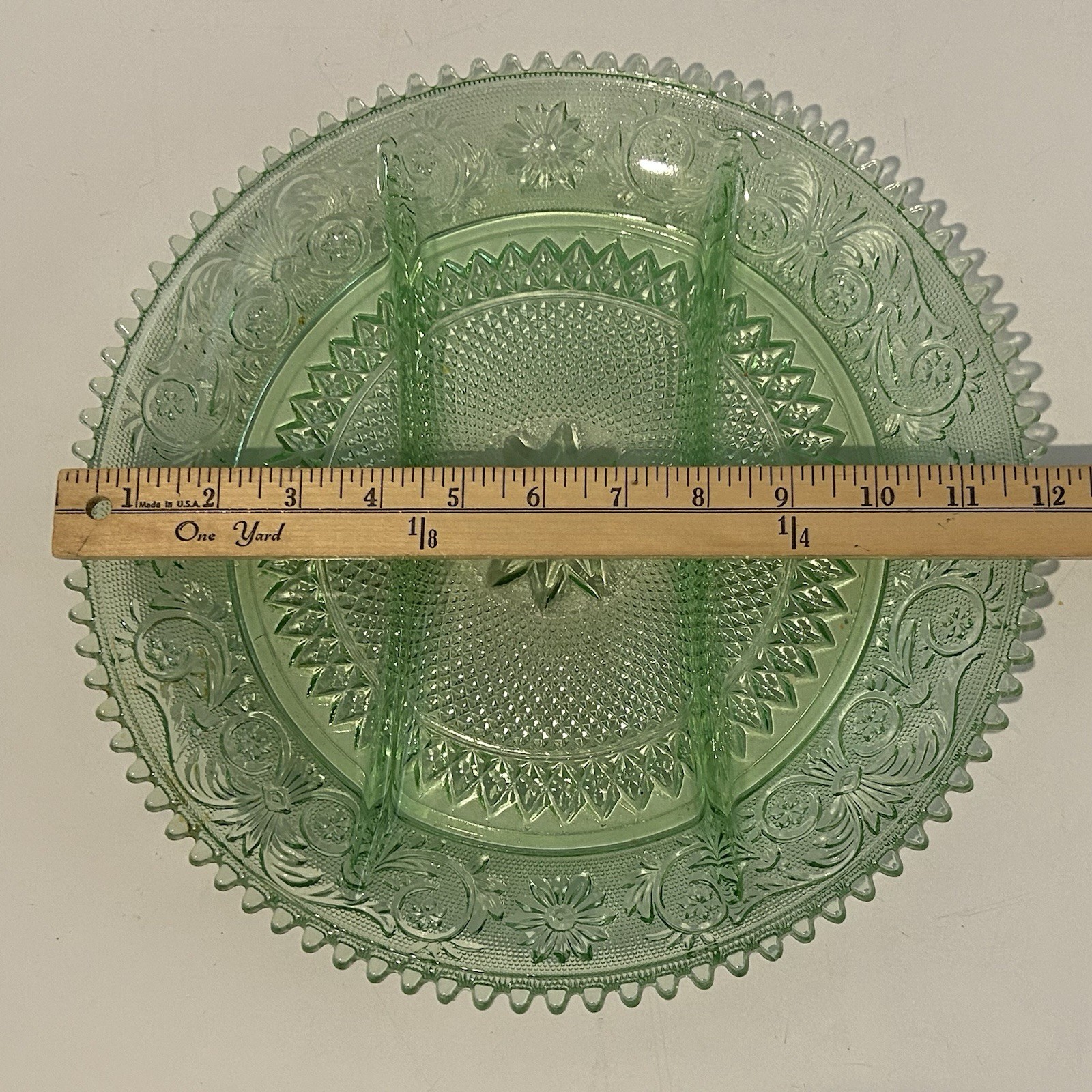 Green Indiana Glass Tiara Divided Relish Serving Plate Platter 12″ Saw Tooth Vtg