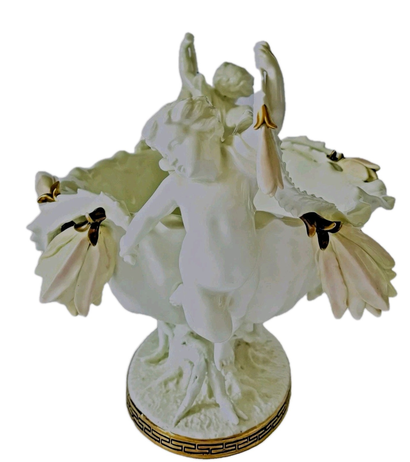 Antique Moore Bros. English Porcelain Cactus Flower Double Cherub Centerpiece
