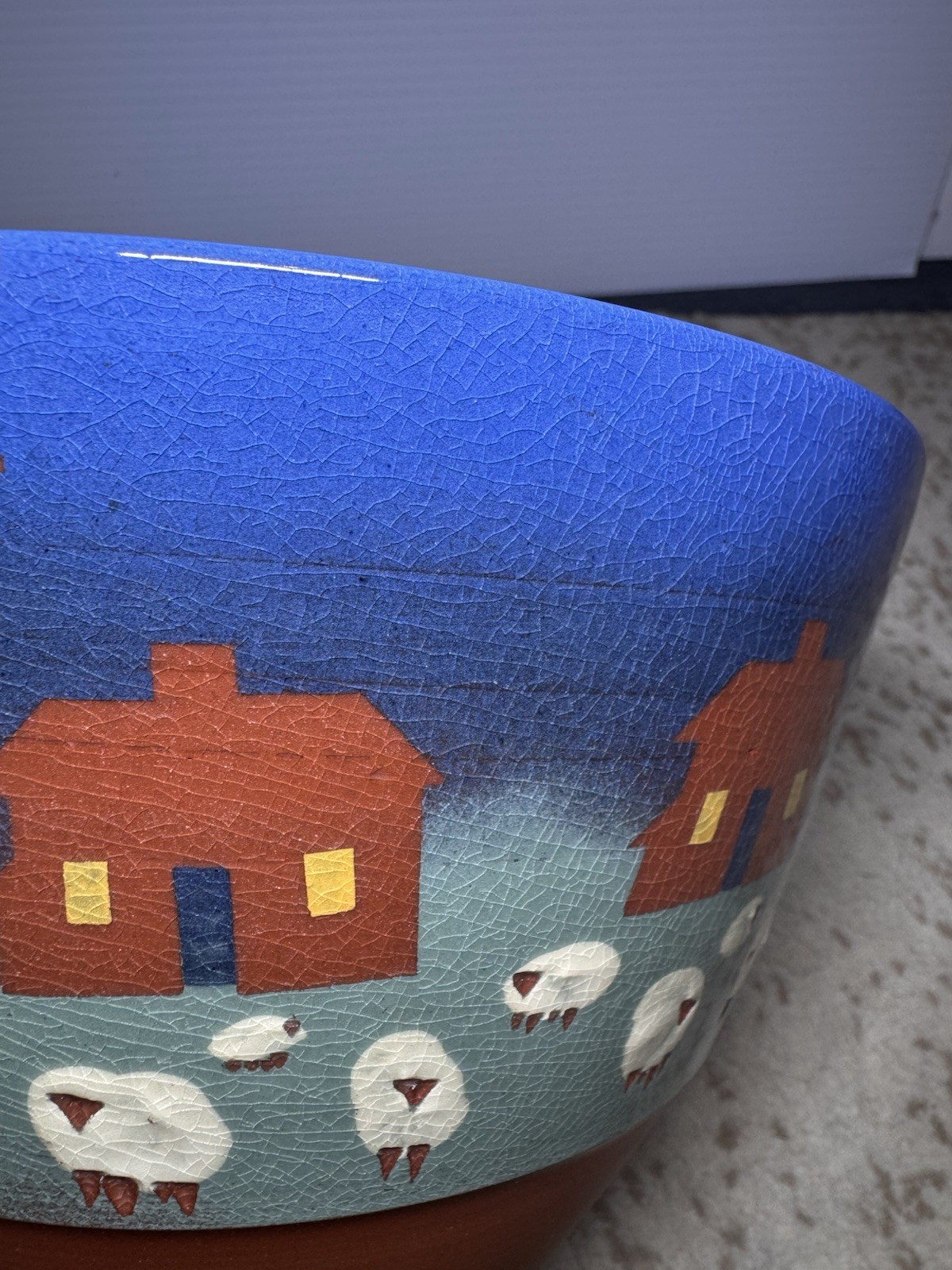FOLK ART VILLAGE SCENE WITH SHEEP TALL BOWL ARTIST SIGNED VAUGHAN L SMITH 1988
