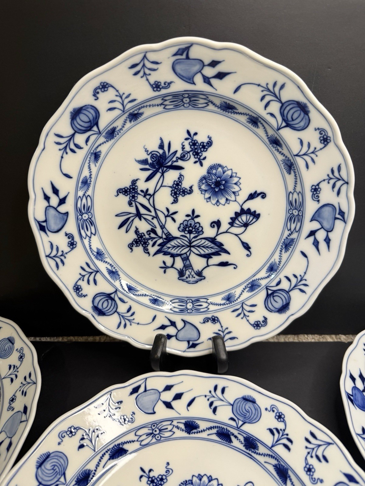 Antique Meissen Blue Onion Dinner Plates Set Blue White Rimmed Sword Backstamp