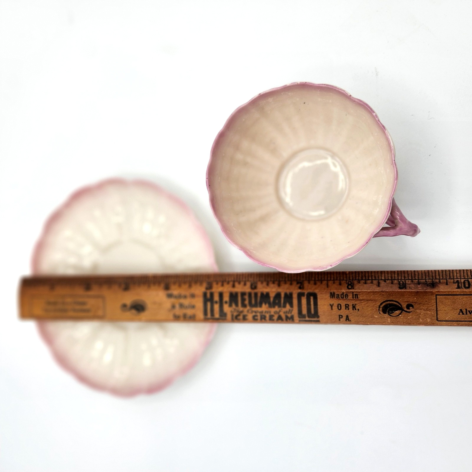 Rare Antique Belleek Tridacna Pink Cup & Saucer 1st Black Mark Shell EUC C.1880