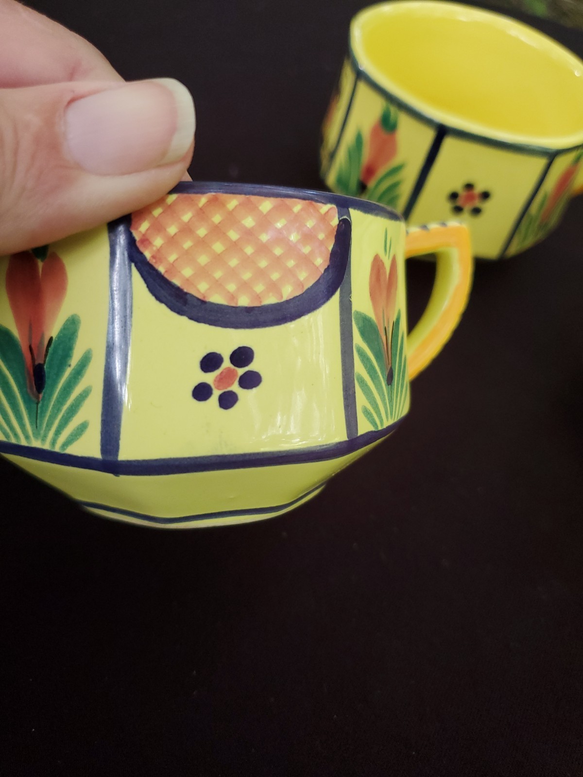 Vintage HB Quimper Soleil Yellow Cups Mugs- Set Of 4 France