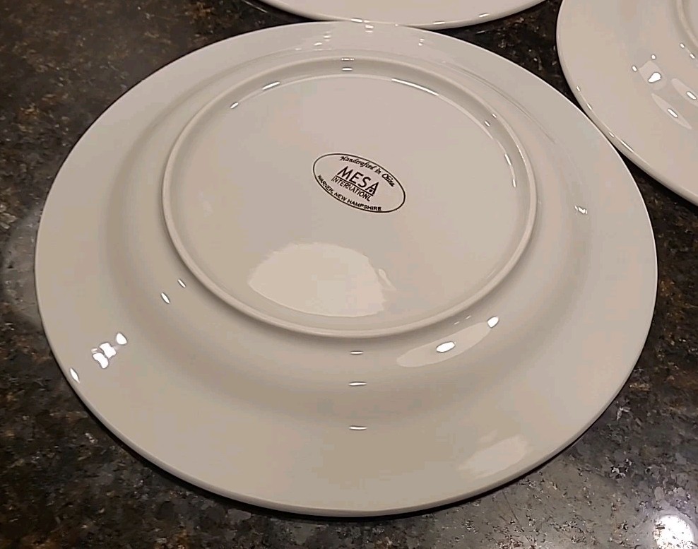 SET (3) Mesa International 11 7/8″ Dinner Plates. White Embossed Dots & Scrolls