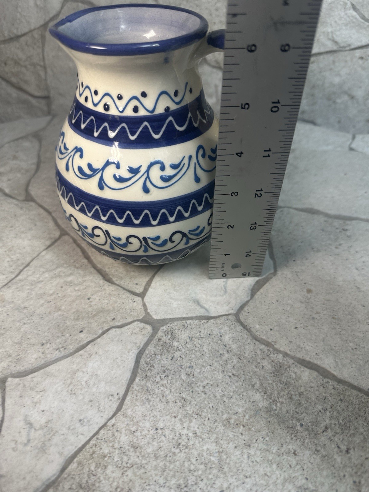 Vintage Blue and White Ceramic Decorative vase with Handle, signed Pedraza Spain