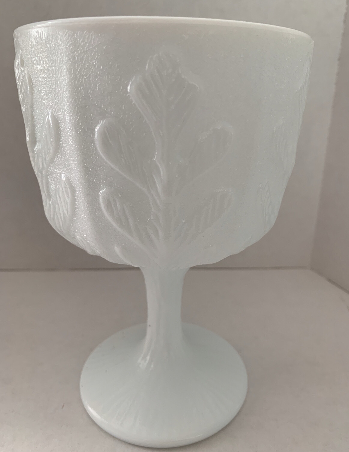 Vintage FTD Milk Glass Pedestal Vase With Oak Leaf Pattern