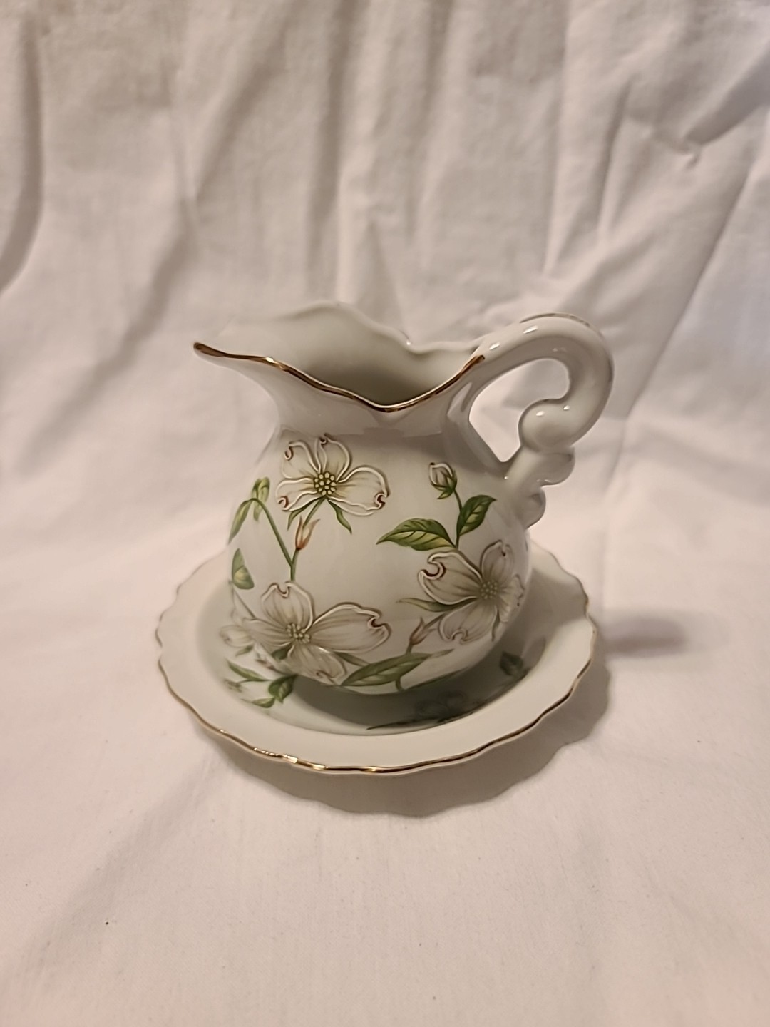 Lefton China Dogwood Design Miniature Creamer and Saucer Set Japan