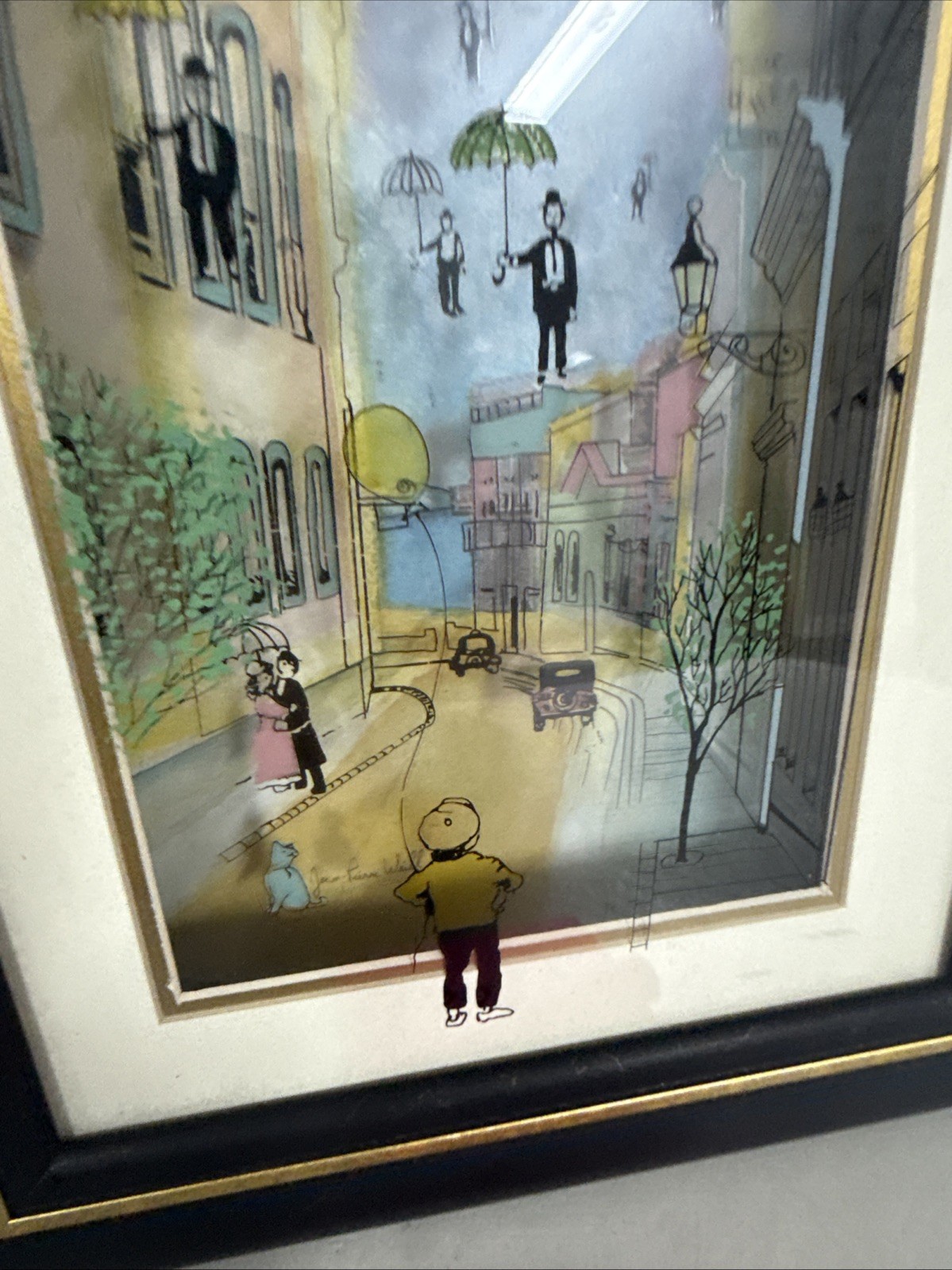 Jean-Pierre Weill 3D Painting RARE Umbrella Floating People Signed