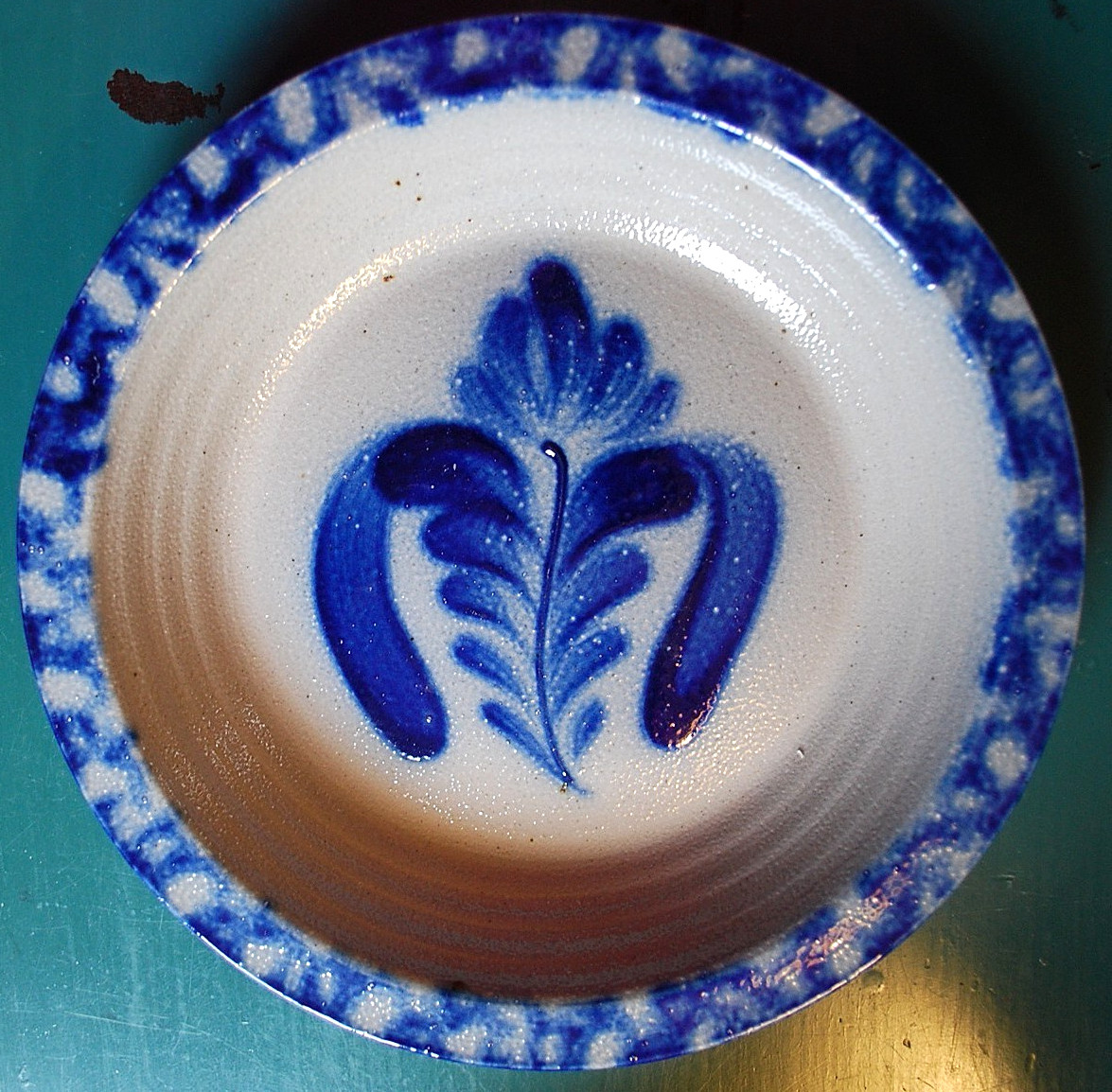 Vtg Studio Handcrafted FOLK ART Pottery Dish/Plate BLUE SALT GLAZE Signed Dated