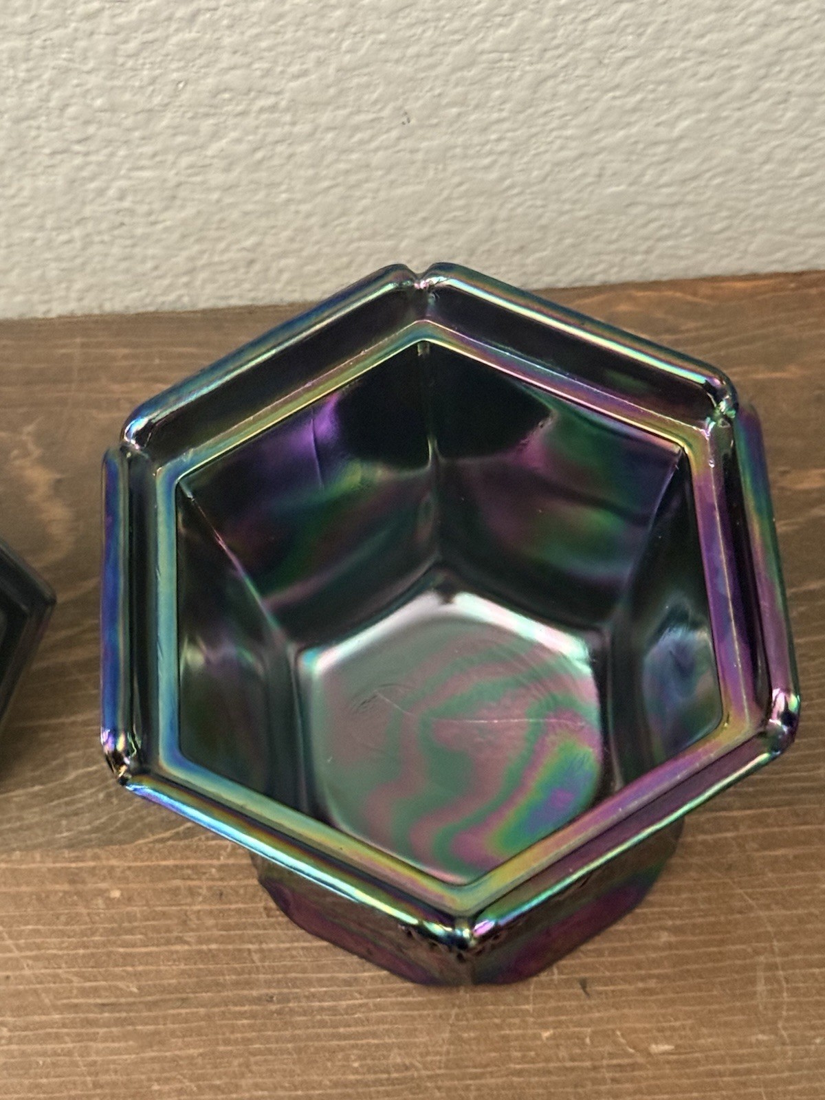Fenton Carnival Glass Grapes Candy Dish With Lid Hexagon Shape Iridescent Finish