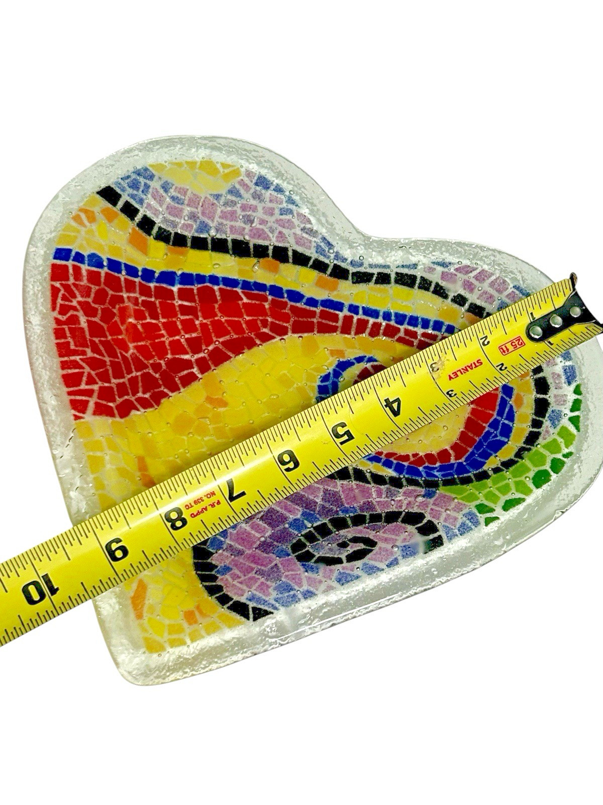 Peggy Karr 10″ It Starts at the Heart Tray Fused Art glass Signed 2004 Mosaic US