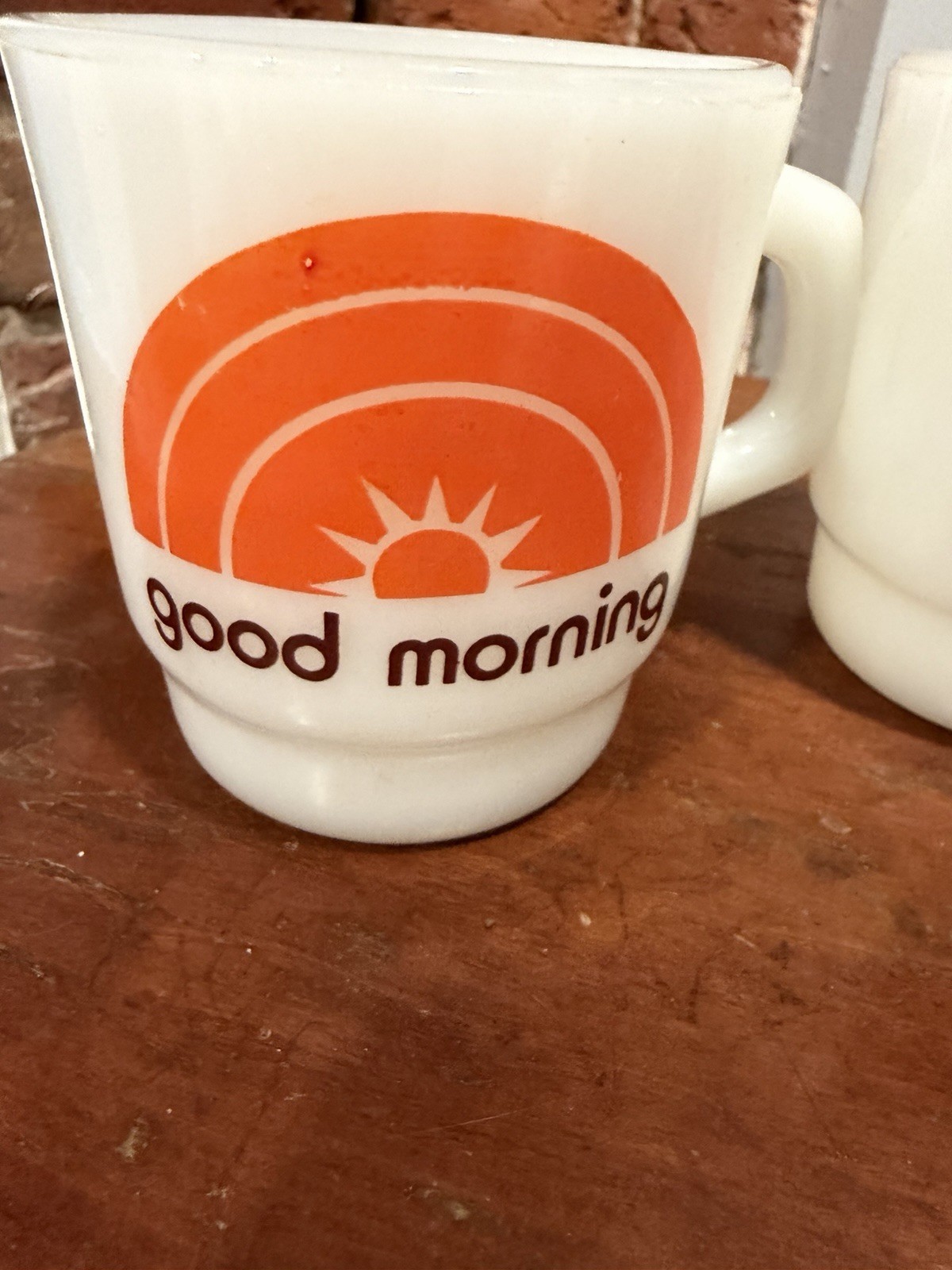 Lot of 2 Vtg Fire King Burger Queen Good Morning Milk Glass Stacking Mugs HTF