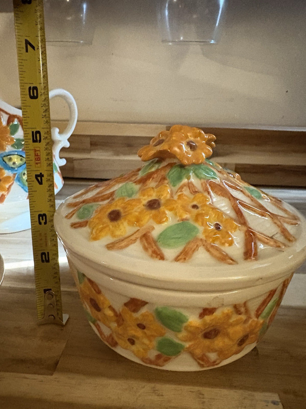 Ceramic Floral Butterfly Creamer Pitcher w/ Matching Saucer Glossy Handle 6″