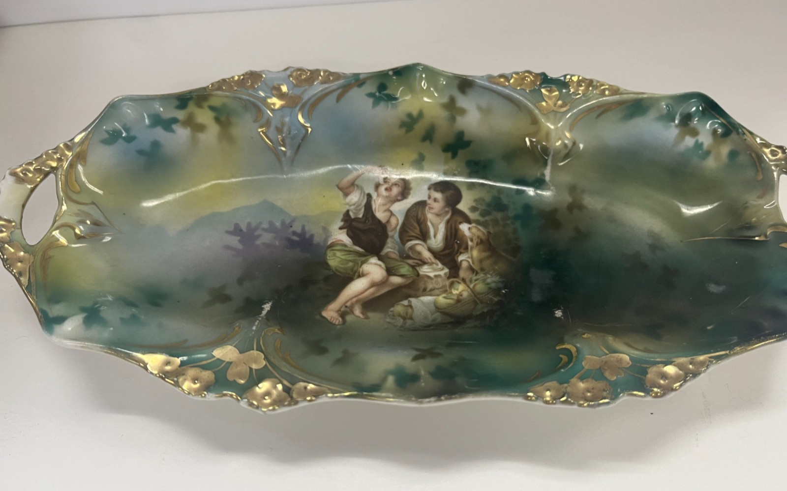Antique RS Prussia Melon Eaters Oval Bowl Gold Gilt Porcelain Art DS43