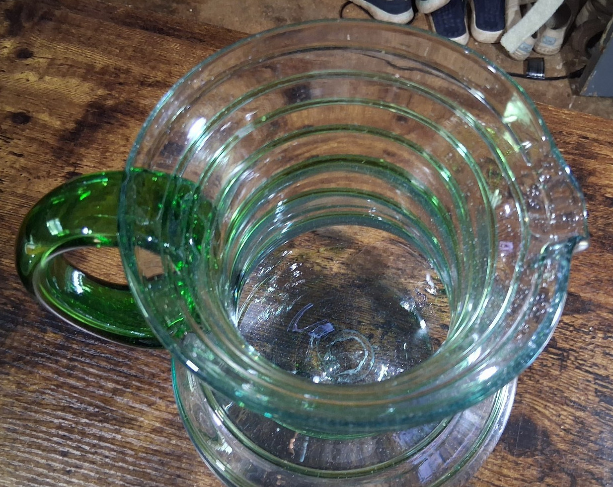 9″ Mexican Hand Blown Art Glass Pitcher Applied Green Threading & Handle Lg Base