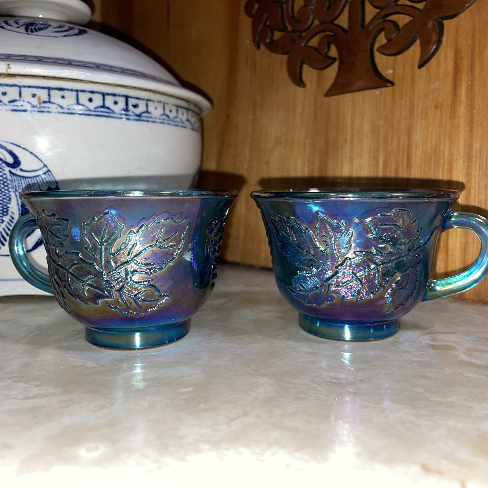 2 – Vintage Iridescent Blue Indiana Carnival Glass Grape Harvest Punch Cups