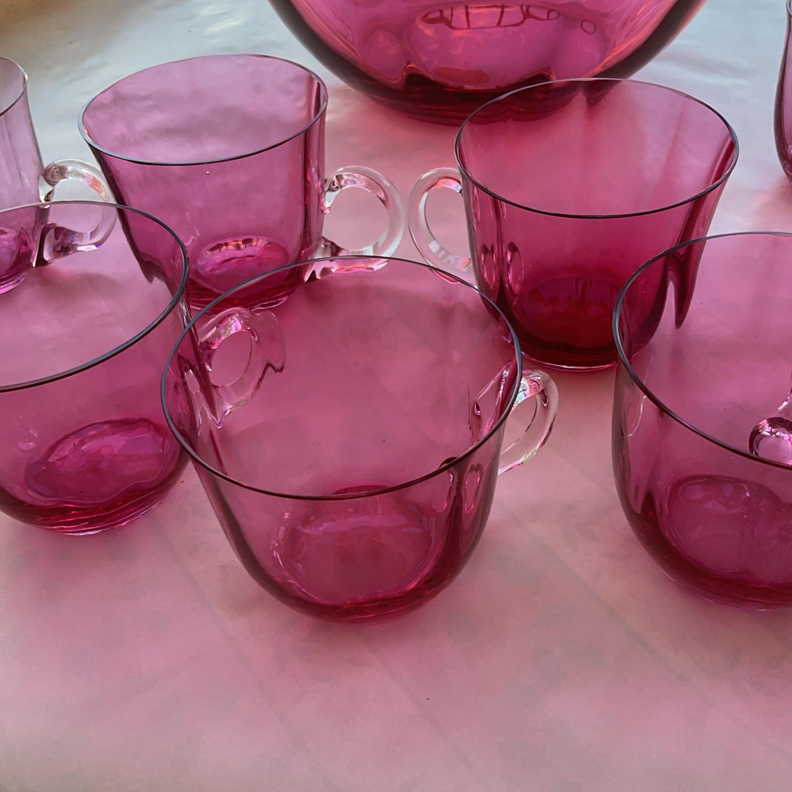 Antique Cranberry Pink Glass Punch Bowl Set w/ 10 Handled Cups Pilgrim Optic