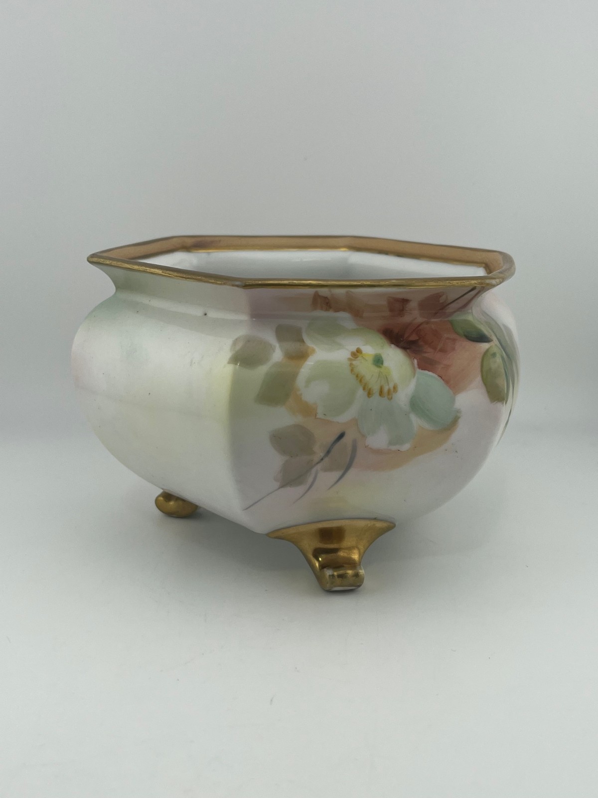 Antique Nippon Hand Painted Footed Bowl Floral Gold Trim Hexagon Pre-1921