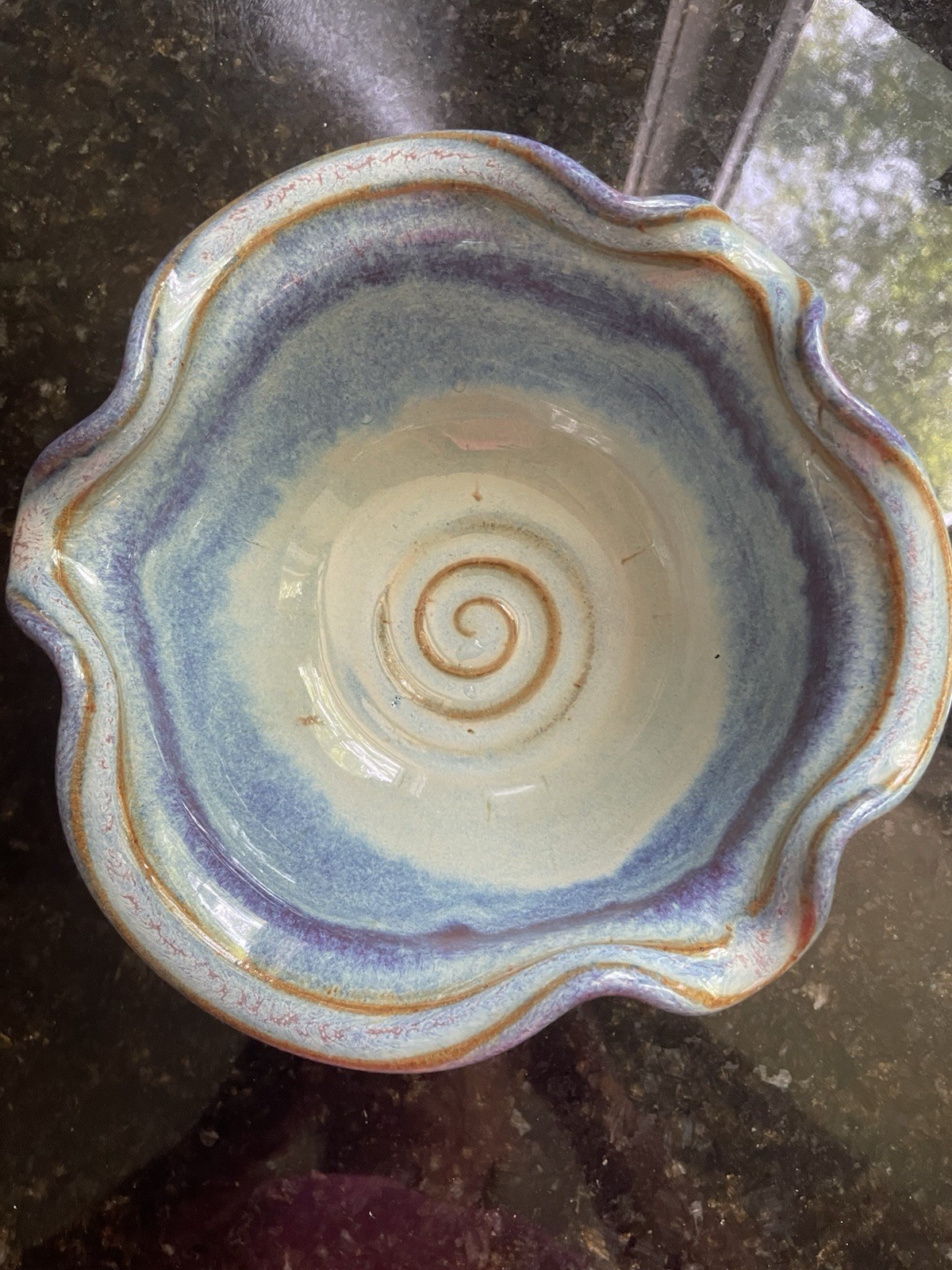Vtg. Studio Pottery Drip Glaze Ruffled Edge Blue Aqua Bowl. Signed