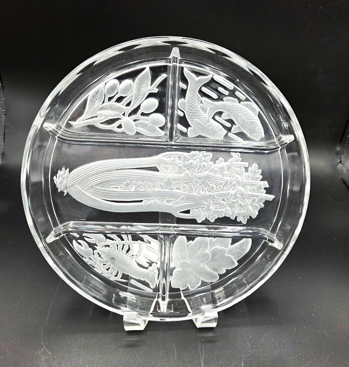 Vintage Indiana Glass Frosted 5 Part Divided Relish Tray Celery Fish Lobster